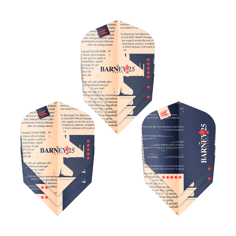 Target ProUltra Raymond Van Barneveld Barney25 Ten-X Flights Das Bild zeigt drei Dart-Flights mit dem Design „BARNEY25“ und Sternen. Sie sind in den Farben Dunkelblau und Beige gehalten und tragen Text sowie ein Logo.
