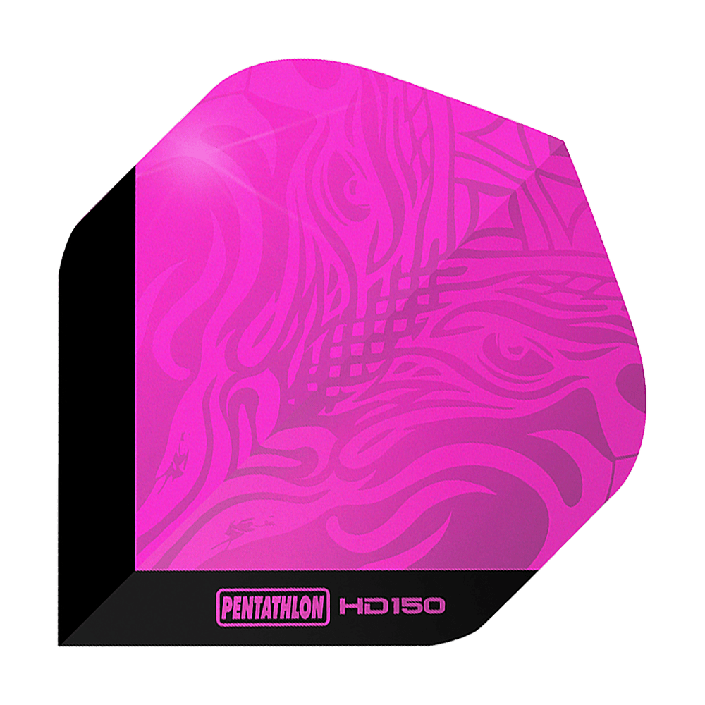 Pentathlon HD150 Metallic Pink Standard Flights Das Bild zeigt den Pentathlon HD150 Metallic Pink Standard Flight. Er ist in einem auffälligen Metallic-Pink gehalten und hat ein modernes Muster.