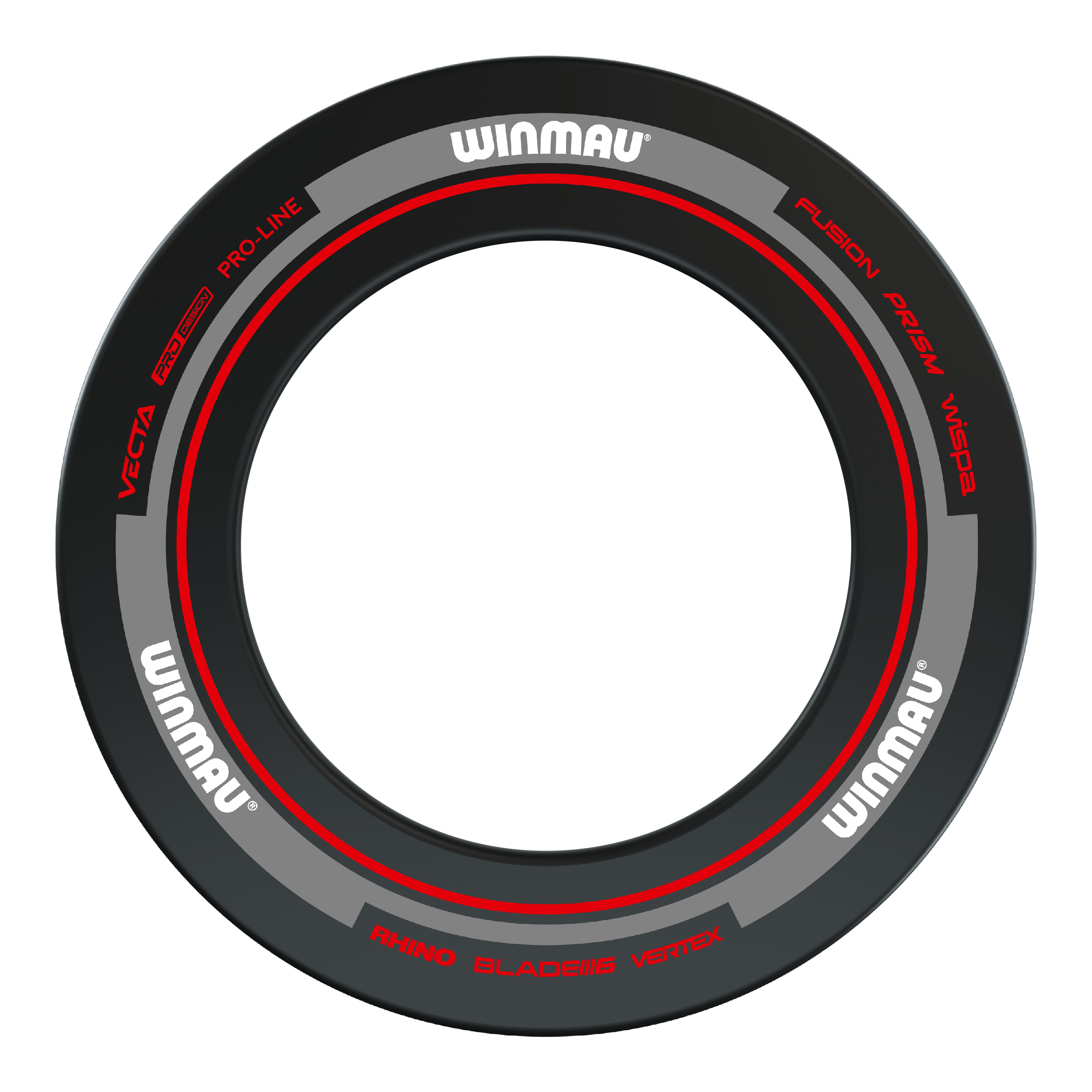 Winmau Advance Dartboard Surround - Black Red Das Bild zeigt das Winmau Advance Dartboard Surround in Schwarz und Rot. Der Ring ist mit verschiedenen Markierungen und dem Winmau-Logo versehen.