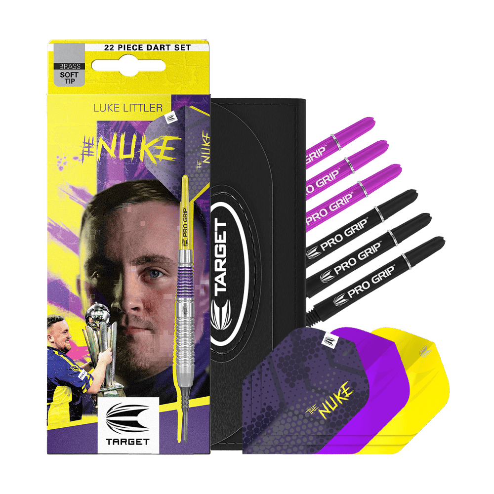 Das Bild zeigt die Target Luke Littler Brass Softdarts - 19g. Die Darts eignen sich zum Spielen auf elektronischen Dartboards.