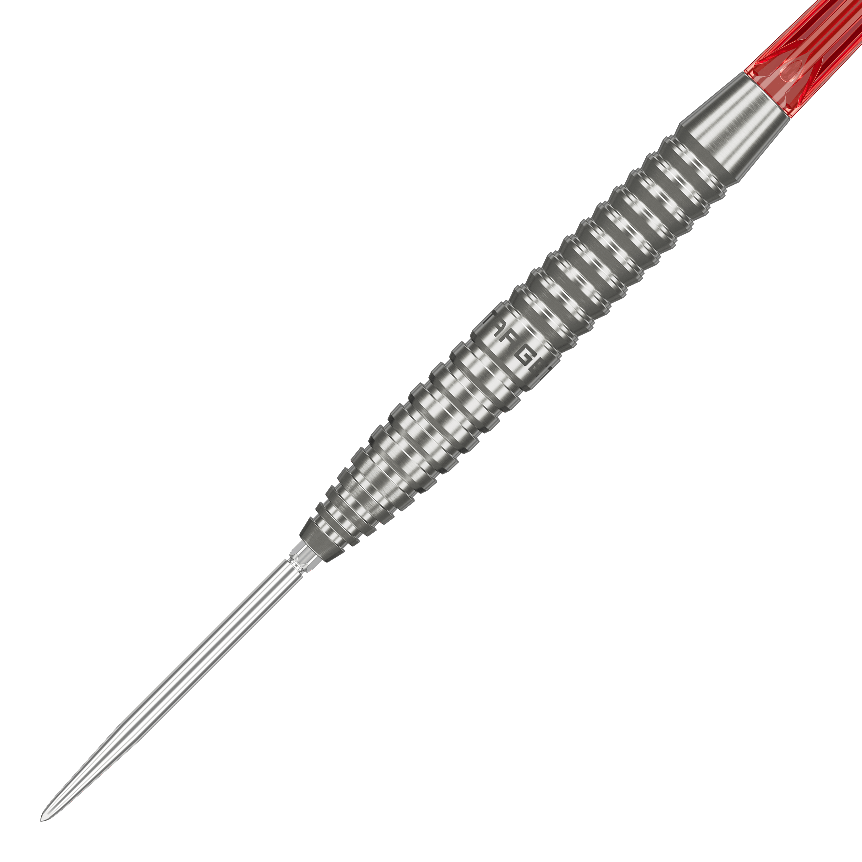 Target Group O 02 Swiss Points Steel Darts Das Bild zeigt das Target Group O 02 Swiss Points Steeldarts Set. Die Schäfte und Spitzen sind gut zu sehen.