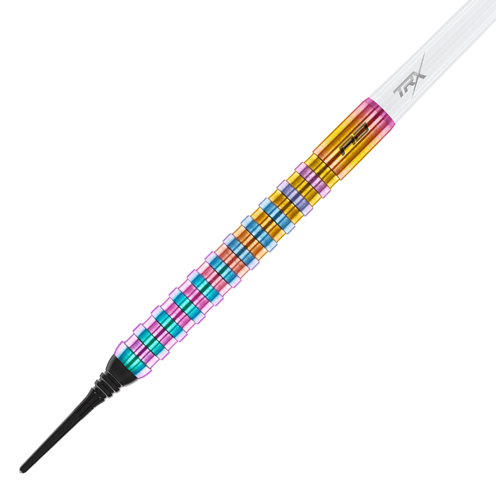 RD2517_Red_Dragon_Javelin_Spectron_Softdarts_2 Das Bild zeigt einen Red Dragon Javelin Spectron Softdart mit einem Gewicht von 20g. Der Dart hat einen bunten, metallisch glänzenden Schaft mit verschiedenen Farben.