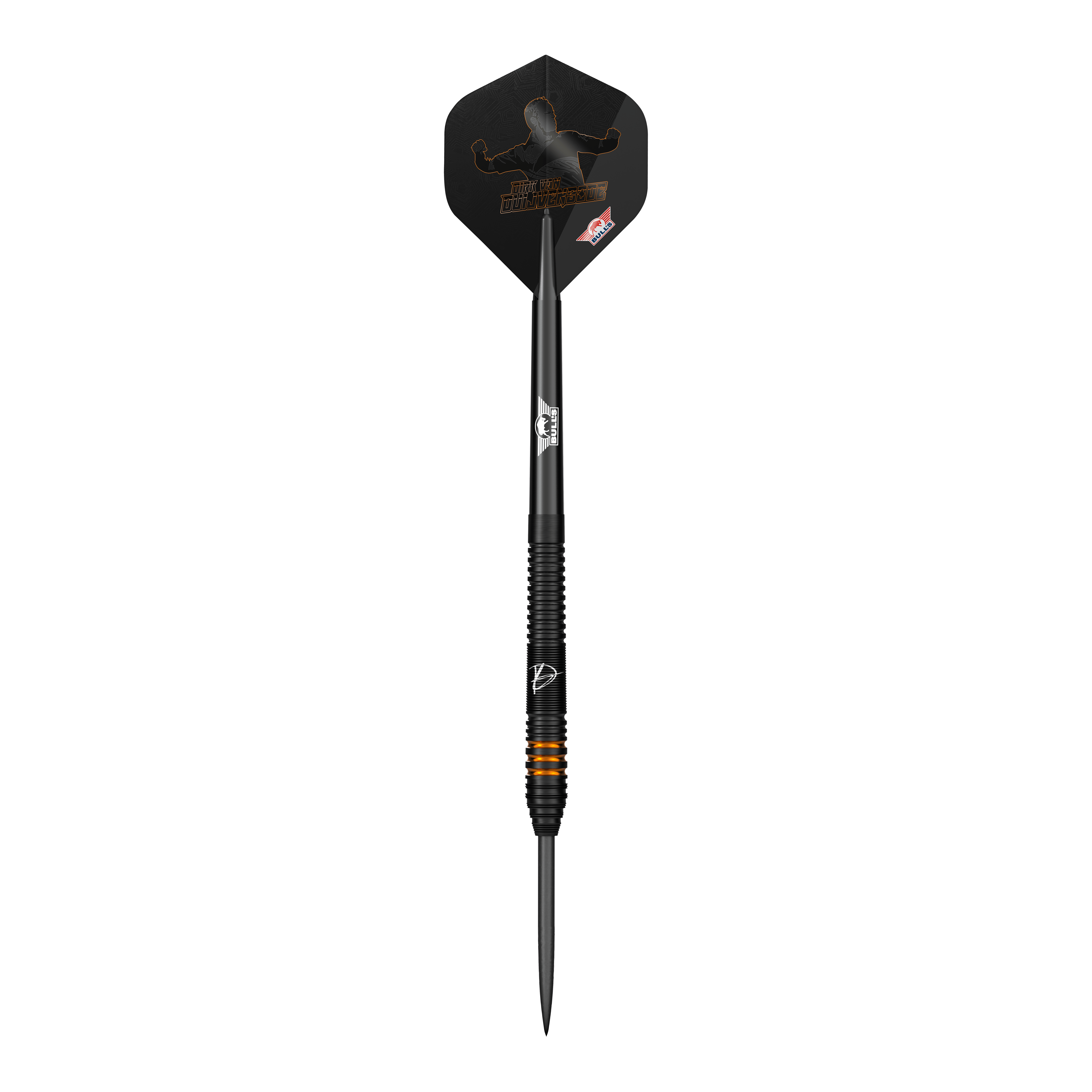 Bulls NL Dirk Van Duijvenbode Edition 2 steel darts Auf dem Bild ist ein Steeldart aus der Serie "Bulls NL Dirk Van Duijvenbode Edition 2" zu sehen. Der Dart ist überwiegend schwarz mit orangefarbenen Akzenten und hat eine auffällige Flights-Gestaltung.