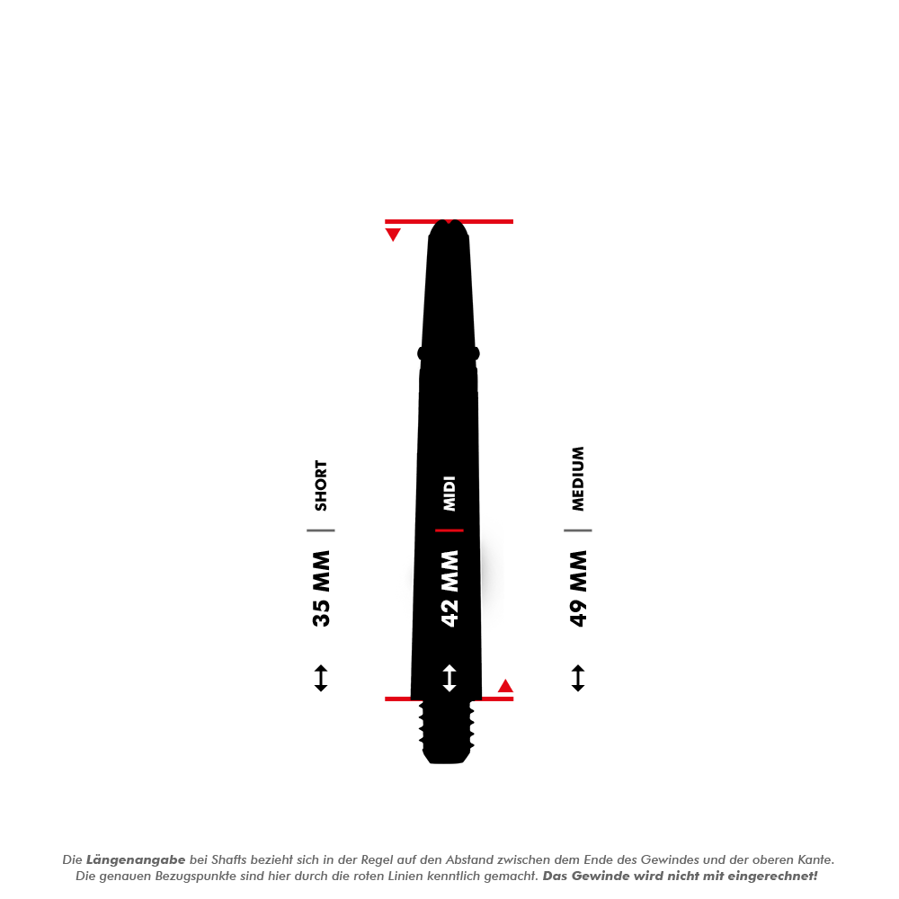 _Harrows_Carbon_360_Shafts_5_42mmBd4fkHYc96FKf Das Bild zeigt eine schwarze Dart-Schafte mit Längenangaben in Millimetern. Die mittlere Länge „MIDI“ beträgt 42 mm und ist zwischen „SHORT“ (35 mm) und „MEDIUM“ (49 mm) eingeordnet.