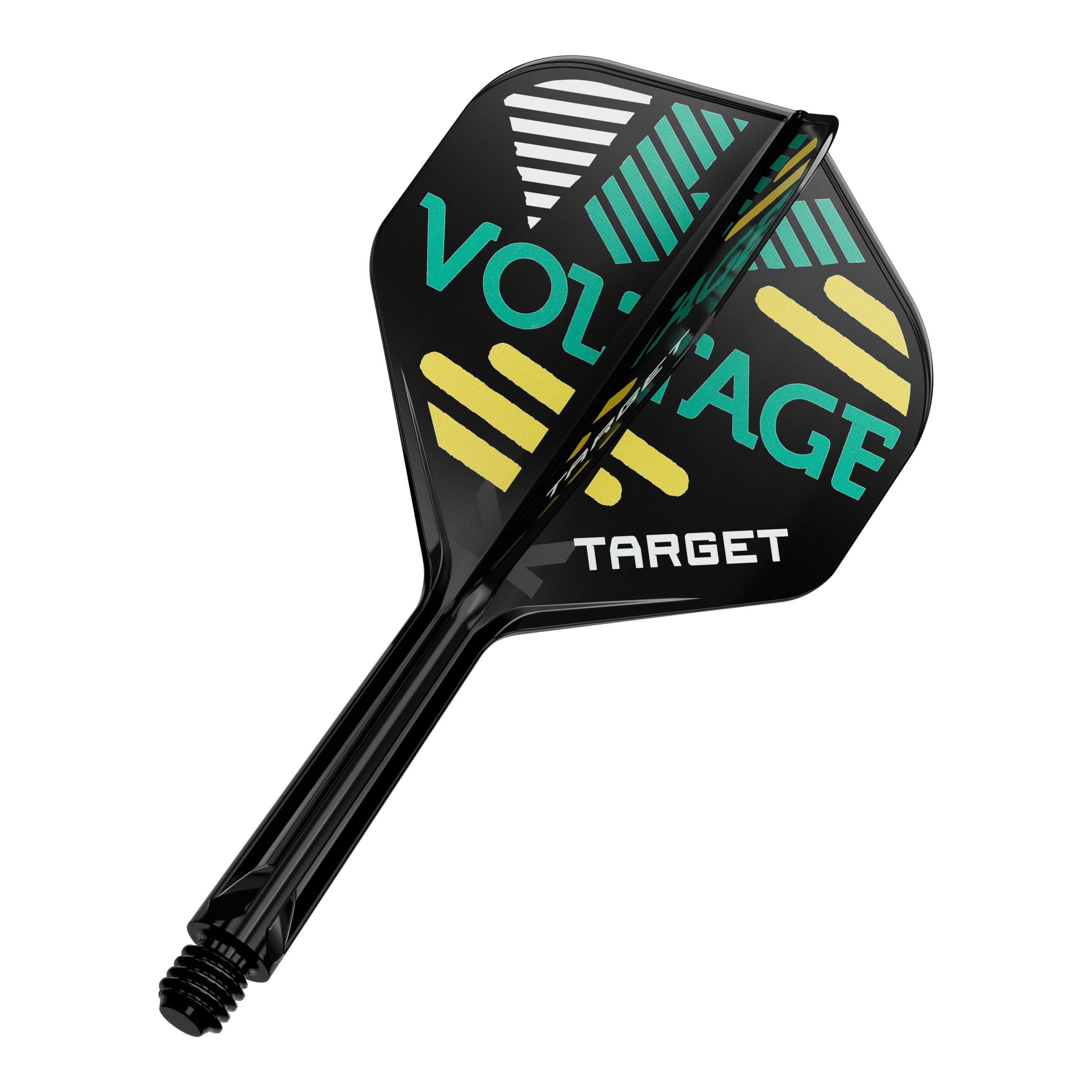 Auf dem Bild ist ein Dart-Flügel mit Schaft zu sehen. Auf dem schwarzen Flügel steht in grüner und gelber Schrift „VOLTAGE“ und „TARGET“.
