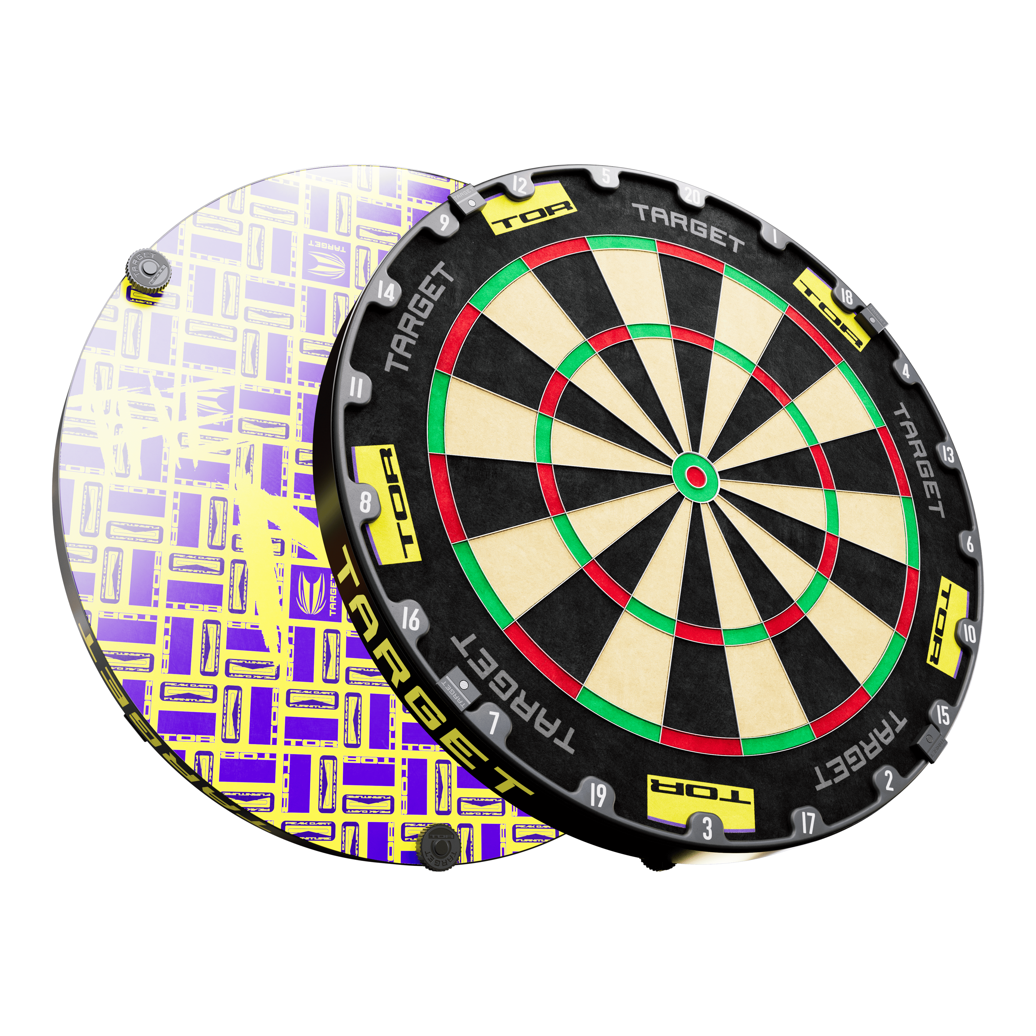 Target Luke Littler World Champion 2025 Surround Goal Steel Dartboard Bundle Auf dem Bild ist ein Steeldartboard-Bundle mit einer schwarzen und gelben Umrandung zu sehen. Im Hintergrund erkennt man eine auffällige, lila-gelbe Motivscheibe mit grafischem Muster.