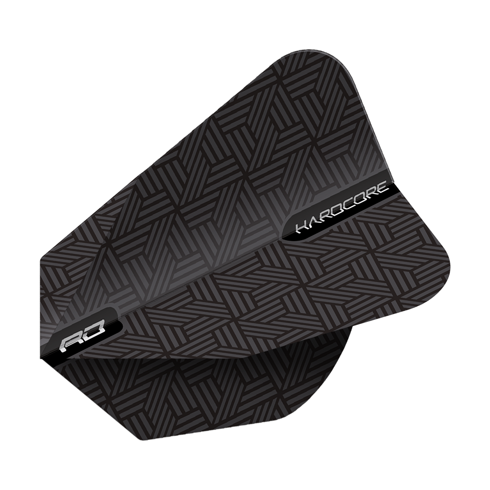 TF6849_Red_Dragon_Black_V-Standard_Flights_2FVVHaDh08ystR Das Bild zeigt das Produkt "Red Dragon Black V-Standard Flights". Die Dartflights sind schwarz mit einem geometrischen Muster und weißen Schriftzügen.