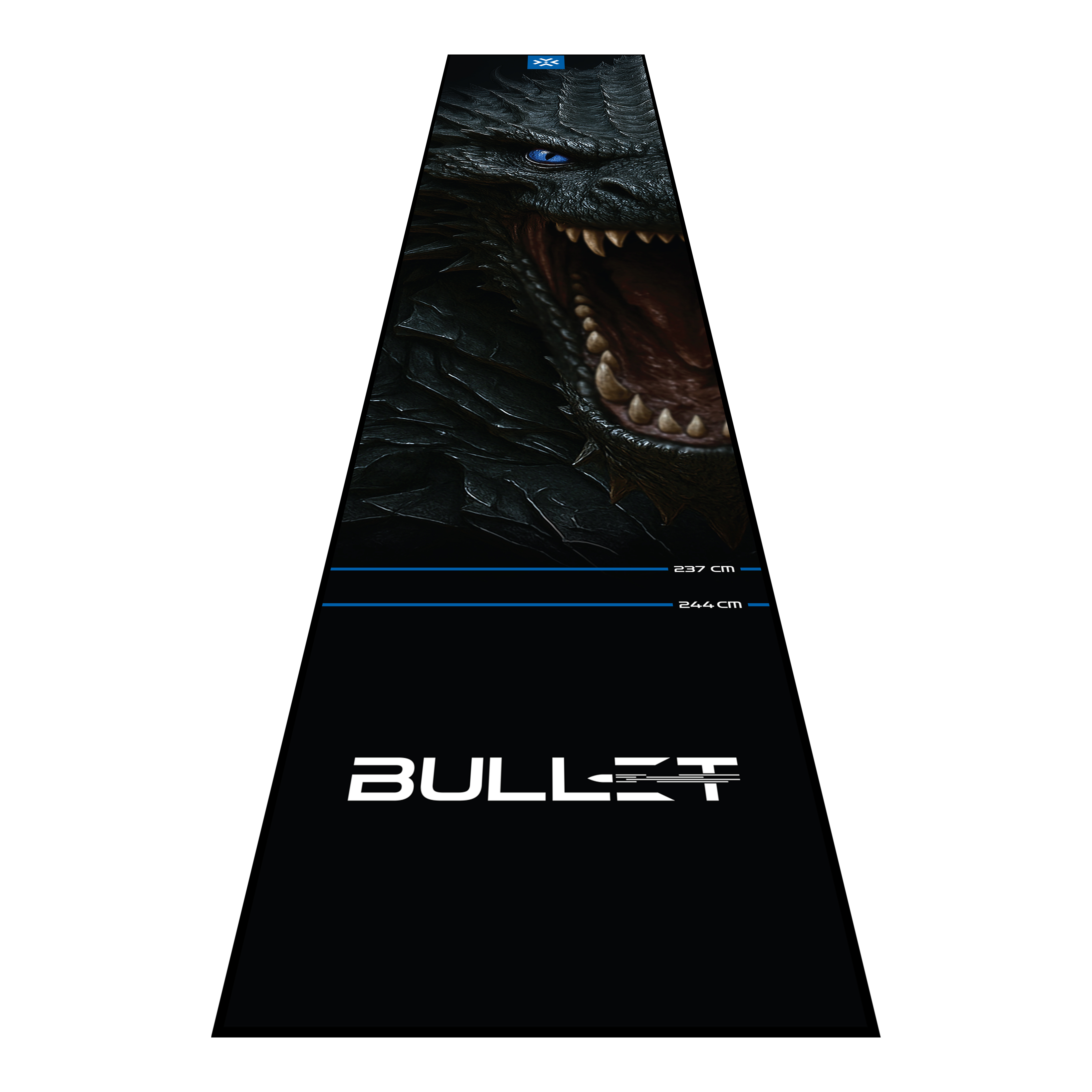 Die Bullet Hydra Dartmatte wird hier präsentiert. Diese Dartmatte schützt den Fußboden und erleichtert das richtige Platzieren des Spielers.