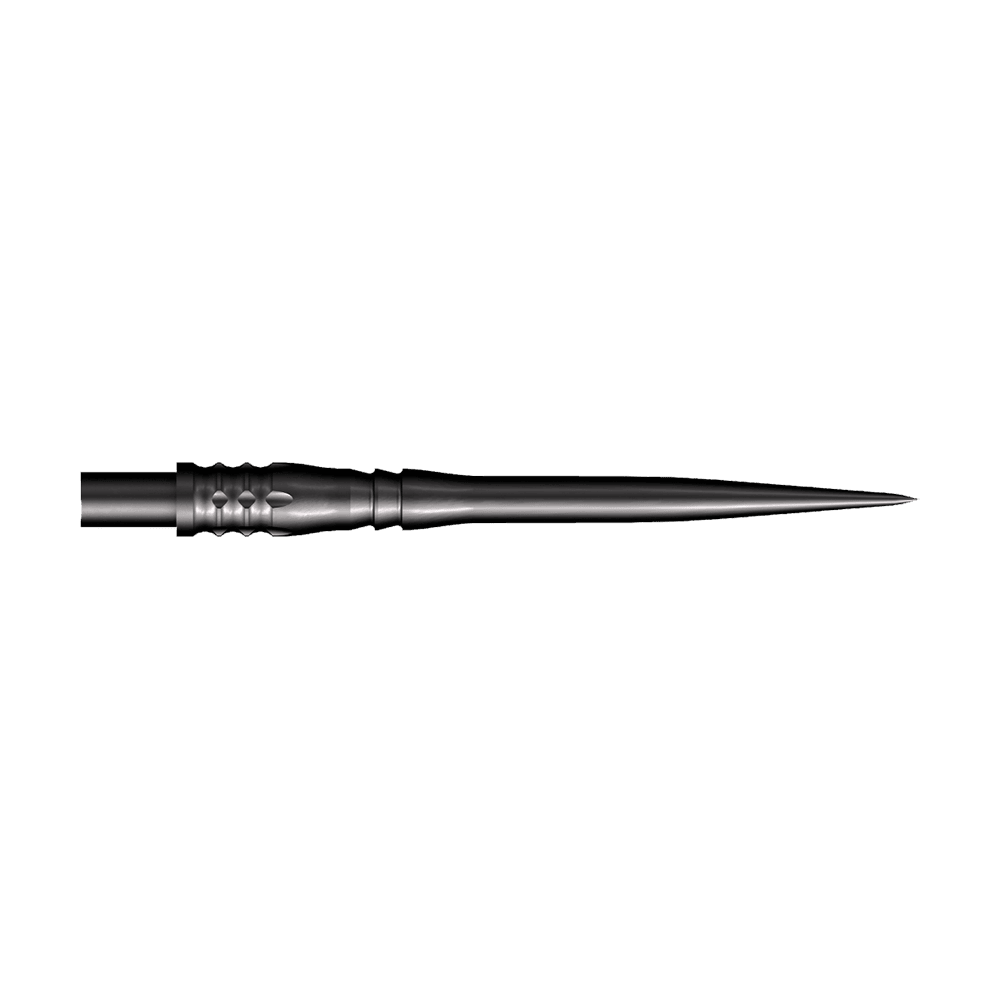Shot Cone Rocket Steel Dart Tips - Black - 35mm Das Bild zeigt eine schwarze Steeldart-Spitze mit einer Länge von 35 mm. Die Spitze hat ein schlankes, spitz zulaufendes Design und strukturierte Rillen am Schaft.