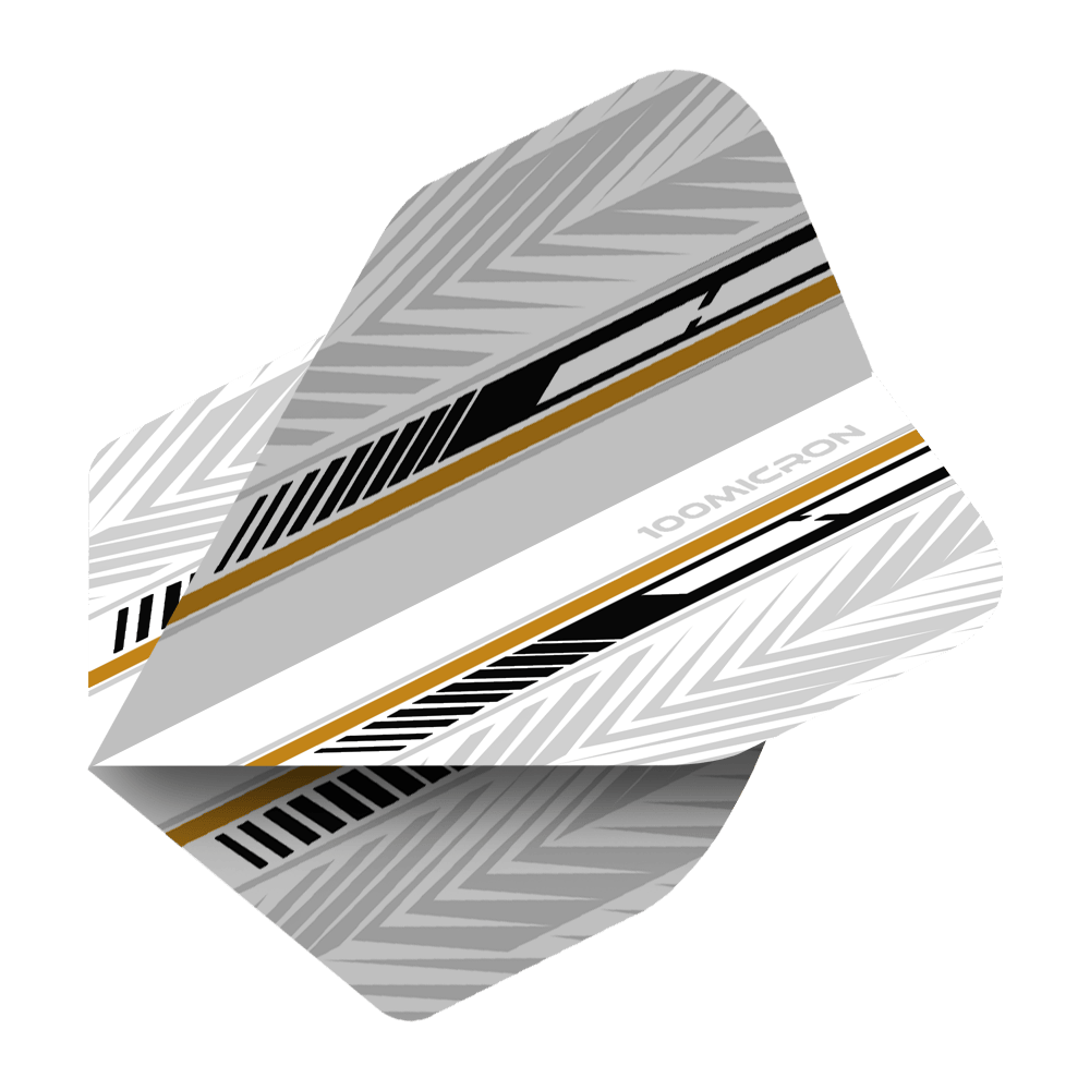 Pentathlon Flights white/black/gold Das Bild zeigt ein Dartflight mit einem modernen Design in Weiß, Schwarz und Gold. Die Oberfläche ist mit geometrischen Mustern und Streifen verziert.