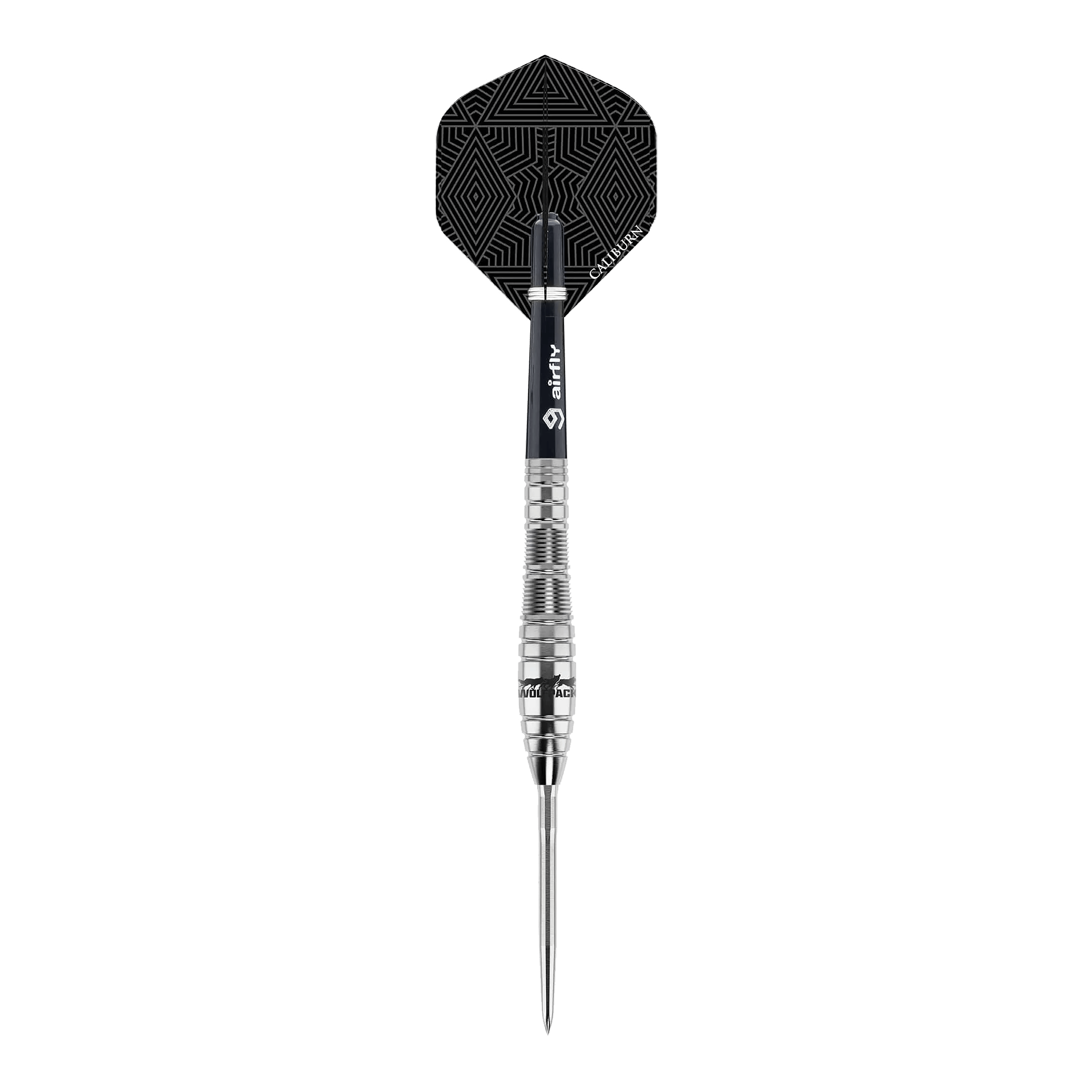 Caliburn Wolfpack W2 steel darts - 22g Dies ist ein Steeldart des Produkts "Caliburn Wolfpack W2" mit einem Gewicht von 22g. Der Dart hat ein silbernes Barrel und einen schwarzen Flight mit geometrischem Muster.