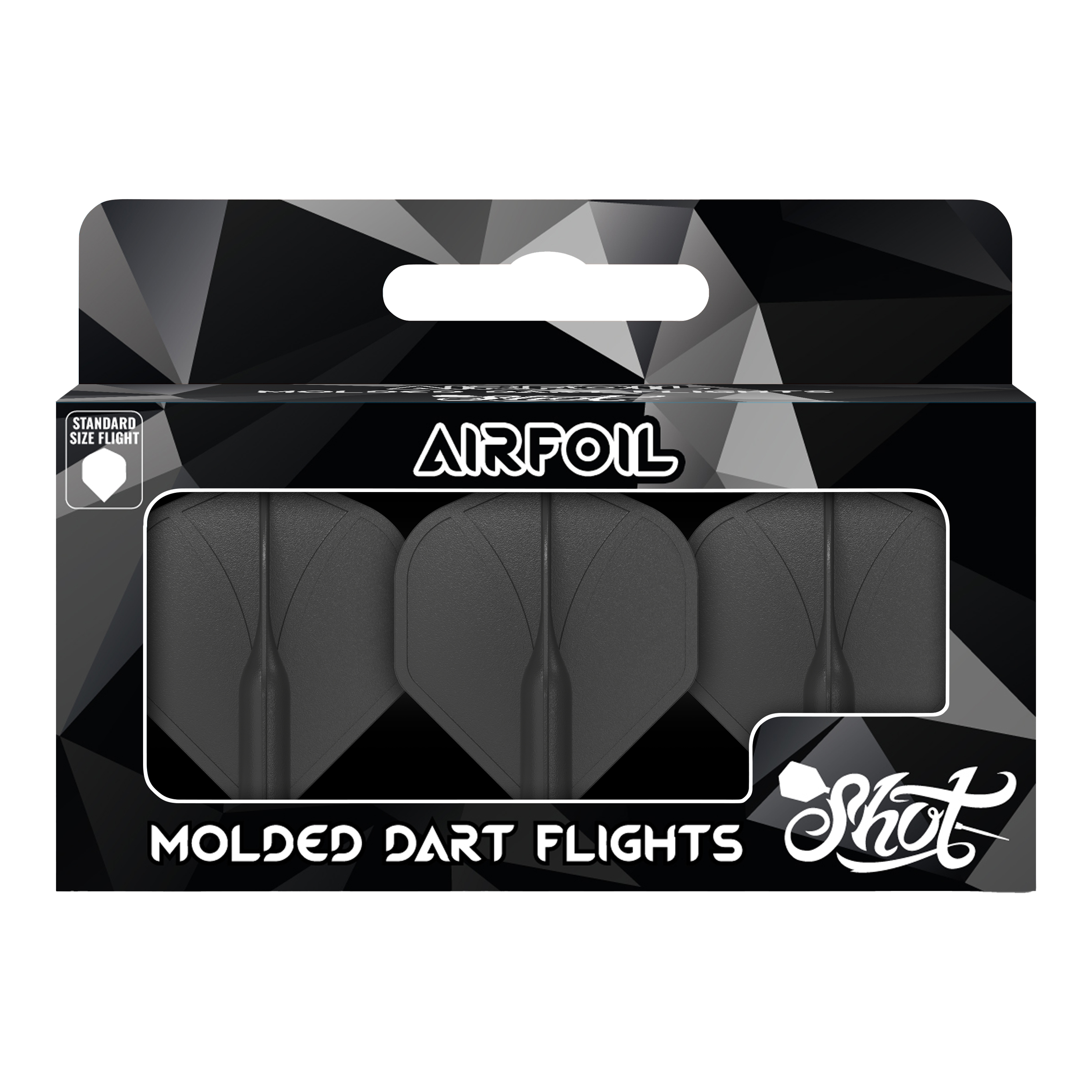 Shot Airfoil Molded No2 Standard Flights Auf dem Bild ist eine Packung mit drei schwarzen, geformten Dartflights zu sehen. Die Verpackung trägt die Aufschrift „Airfoil“ und „Molded Dart Flights“ der Marke Shot.