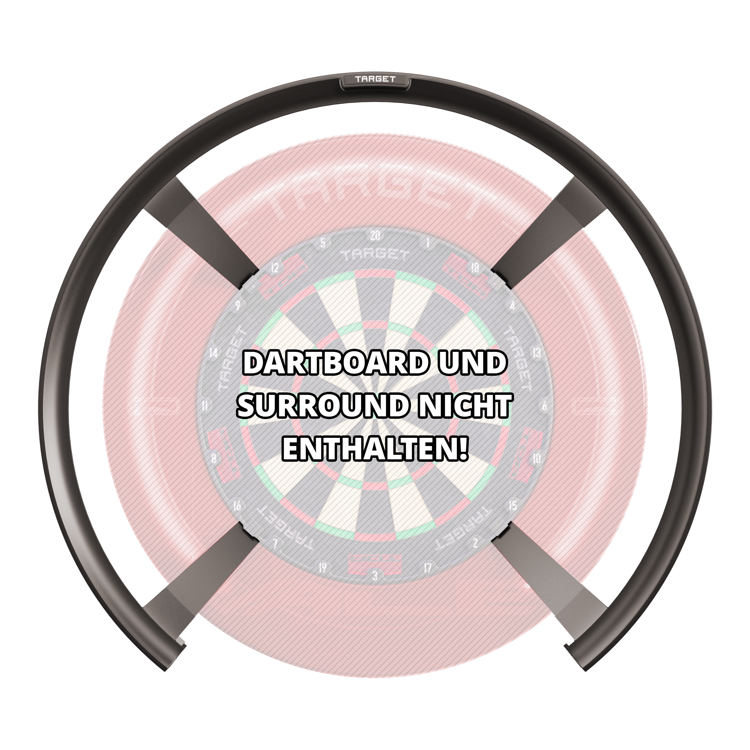 Target OMNI auto-scoring system Das Bild zeigt das Produkt "Target OMNI Auto-Scoring-System" vor einem Dartboard. In der Mitte steht der Hinweis: "DARTBOARD UND SURROUND NICHT ENTHALTEN!"
