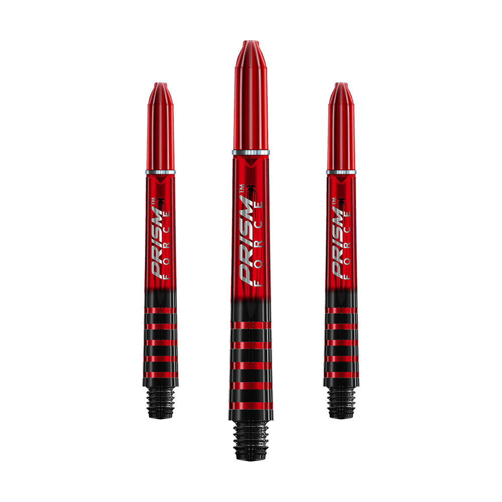 7020-404_Winmau_Prism_Force_Shafts_Rot_41mm_1 Das Bild zeigt drei rote Winmau Prism Force Shafts für Darts. Die Shafts haben ein schwarzes Streifenmuster und den Schriftzug "Prism Force" in Weiß.
