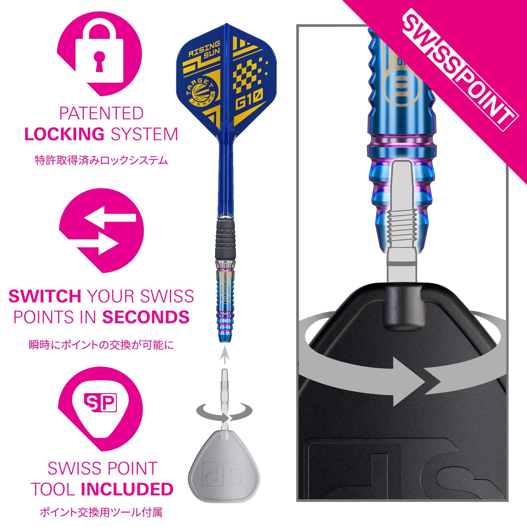 Hier wird das Produkt Target Japan Rising Sun GEN10 Swiss Point Steeldarts dargestellt. Diese Darts bieten ein modernes Design und professionelle Qualität.