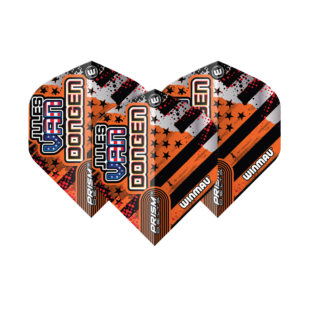Das Bild zeigt drei Dartflights des Modells "Winmau Prism Delta Jules Van Dongen Standard Flights". Die Flights sind in Schwarz, Orange und Silber gestaltet und tragen den Namen "Jules Van Dongen".