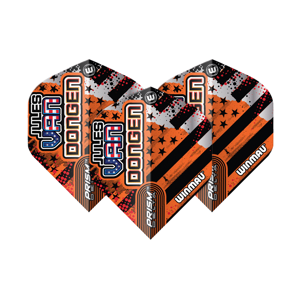 Winmau Prism Delta Jules Van Dongen Standard Flights Das Bild zeigt drei Dartflights des Modells "Winmau Prism Delta Jules Van Dongen Standard Flights". Die Flights sind in Schwarz, Orange und Silber gestaltet und tragen den Namen "Jules Van Dongen".
