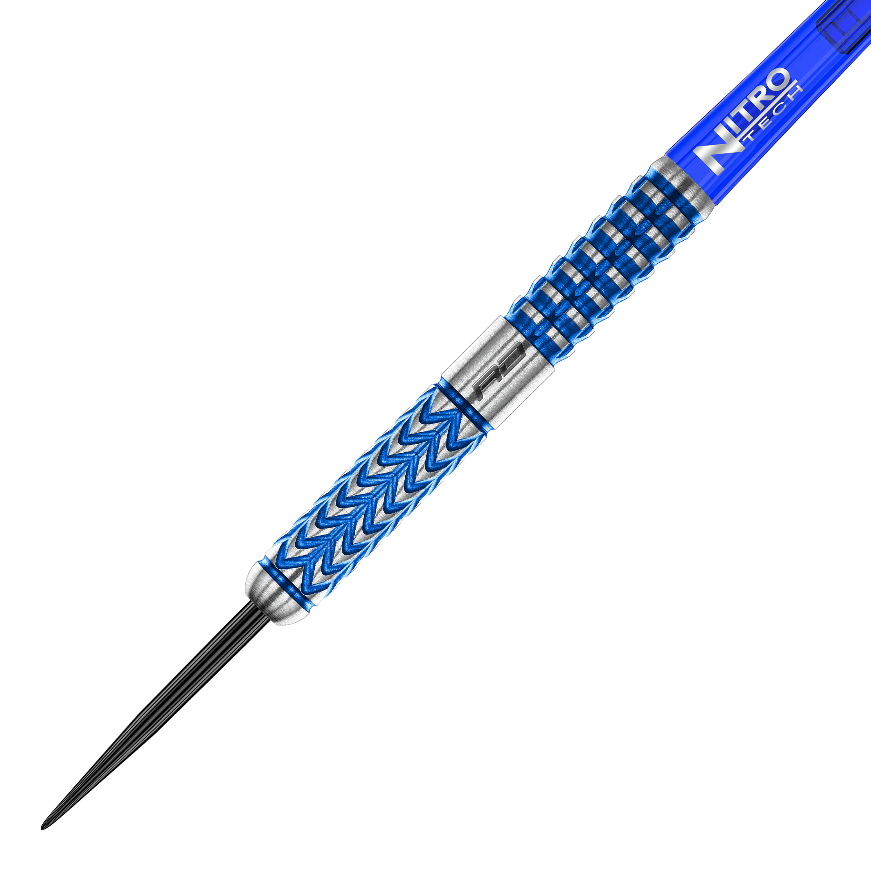 Red Dragon Gerwyn Price Glacier steel darts Das Bild zeigt einen stilvollen Steeldart mit blauen und silbernen Akzenten. Der Schaft trägt die Aufschrift „Nitro Tech“ und das Dartdesign ist modern und griffig.