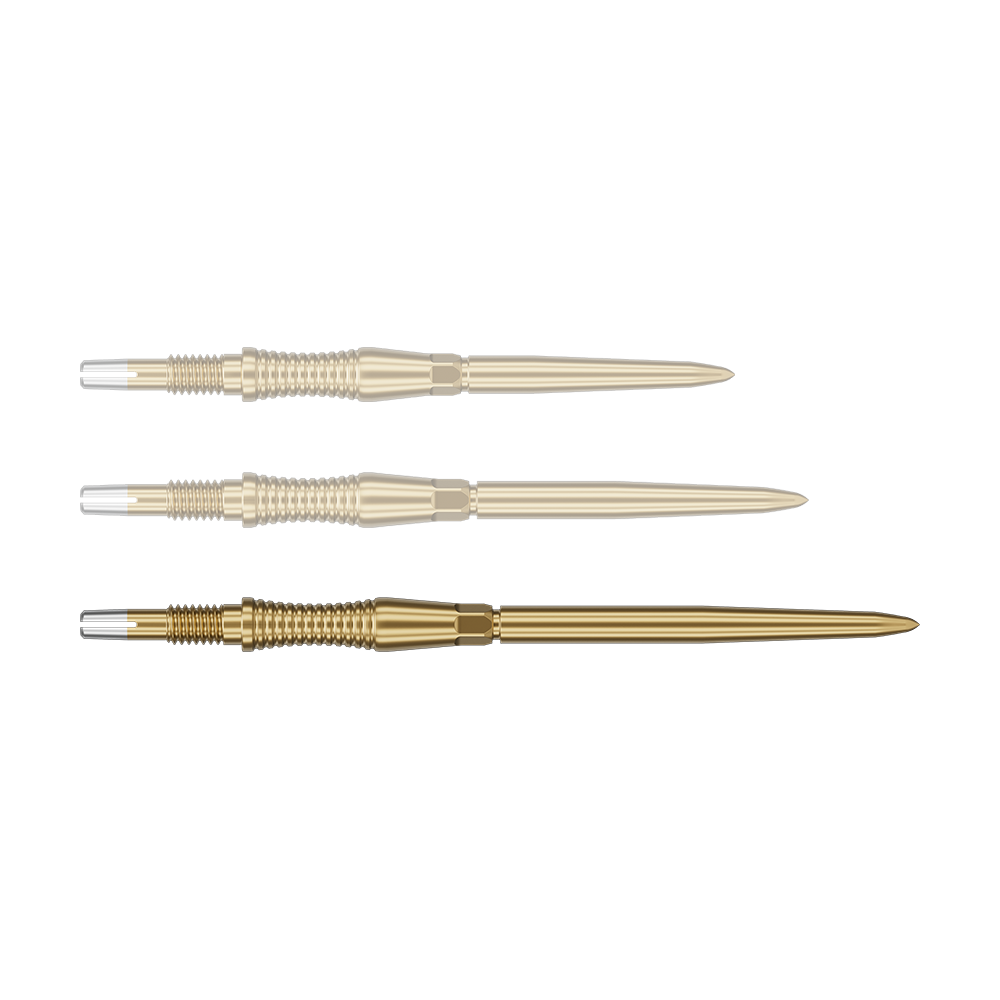 Das Bild zeigt eine Target Swiss Point Dartspitze Signature RST in Gold, 42mm. Diese Dartspitze ist länglich und für professionelle Anwendungen konzipiert.