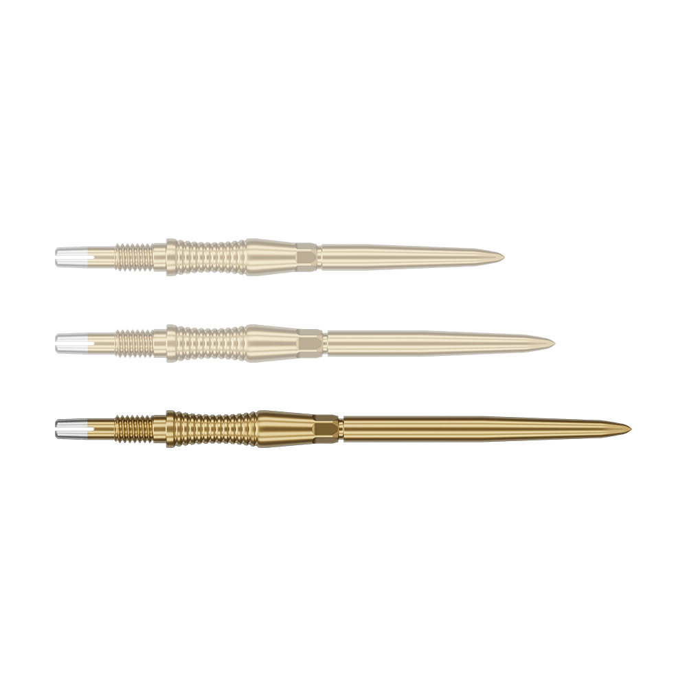 Target Swiss Point Dart Tips Signature RST - Gold Das Bild zeigt eine Target Swiss Point Dartspitze Signature RST in Gold, 42mm. Diese Dartspitze ist länglich und für professionelle Anwendungen konzipiert.
