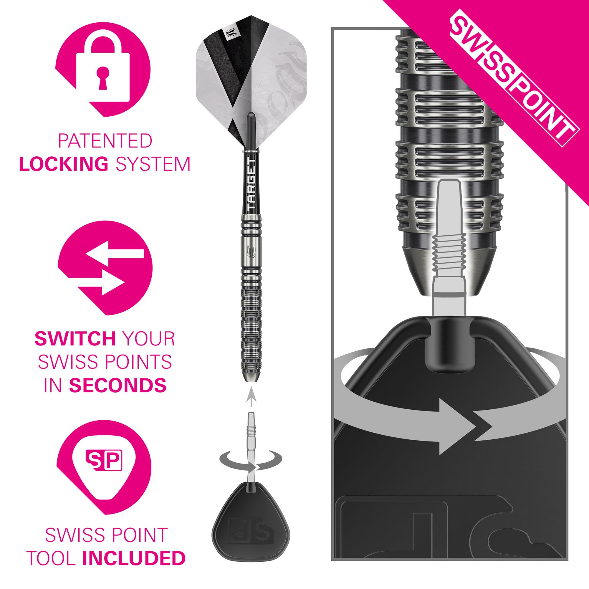 Auf dem Bild sind die Target Beau Greaves GEN1 Swiss Point Steeldarts zu sehen. Sie zeigen eine Nahaufnahme des Griffbereichs und der Spitzen.