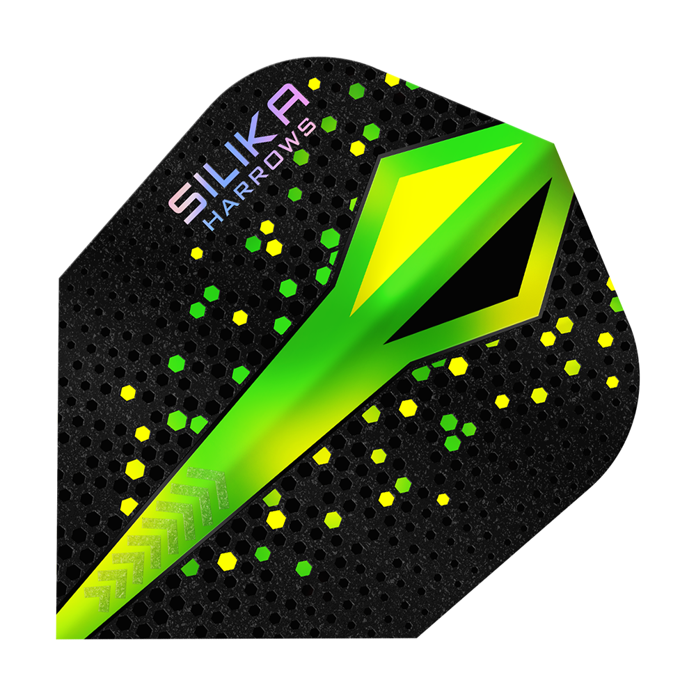 Harrows Silika Colorshift Tough Crystalline Coating Green No6 Flights Das Bild zeigt ein Dart-Flügel von Harrows mit dem Namen "Silika Colourshift Tough Crystalline Coating Green No6". Das Design ist schwarz mit grünen und gelben Akzenten sowie einem auffälligen grünen Muster in der Mitte.