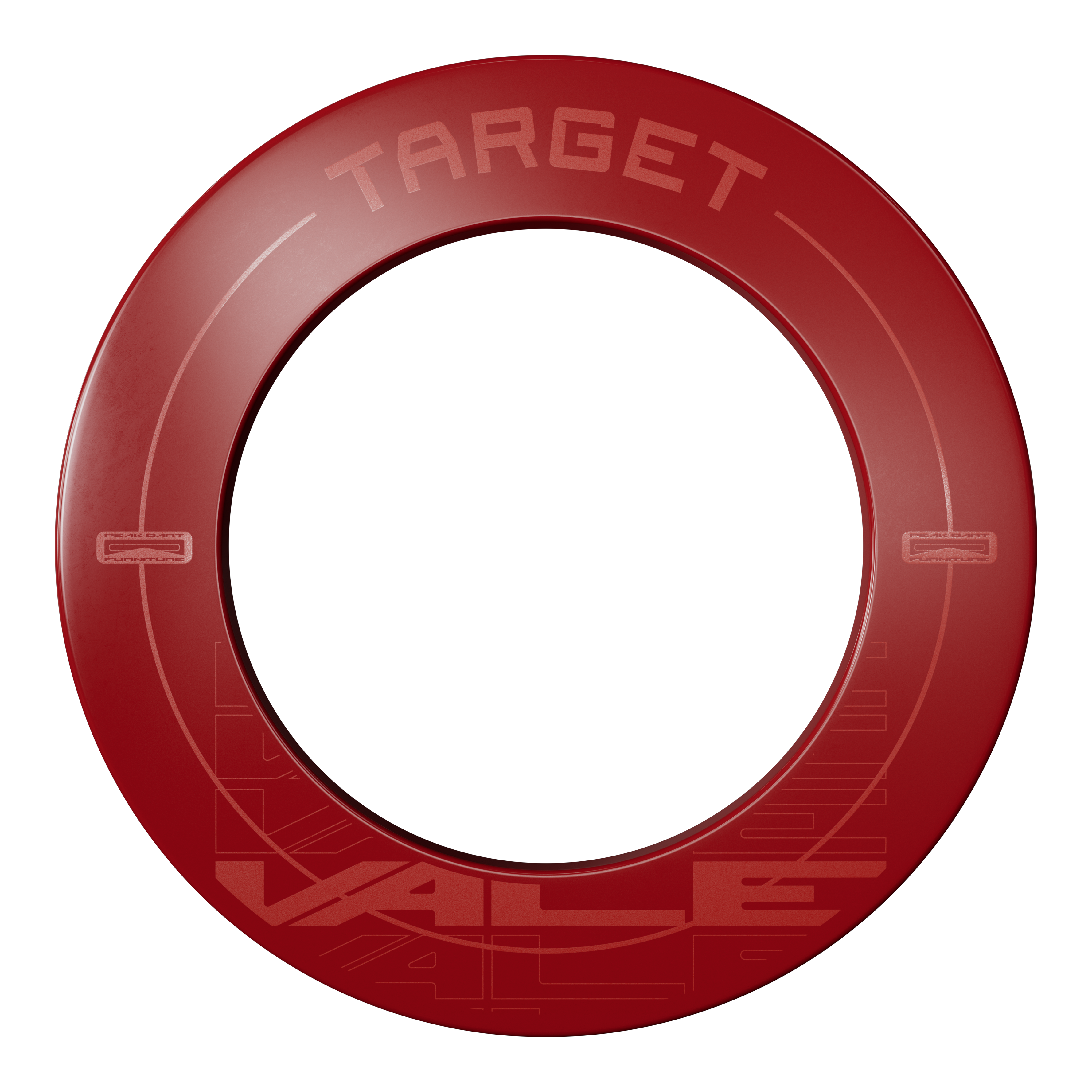 Target VALE Dartboard Surround Das Bild zeigt einen roten Dartboard-Surround mit der Aufschrift "TARGET VALE". Der Surround ist rund und schützt die Wand rund um die Dartscheibe.