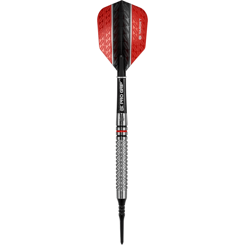 Target Vapor8 05 soft darts - 18g Das Bild zeigt einen Target Vapor8 05 Softdart mit einem Gewicht von 18 Gramm. Der Dart hat eine rote und schwarze Flight, einen silbernen Barrel mit Griffstruktur und einen schwarzen Schaft.