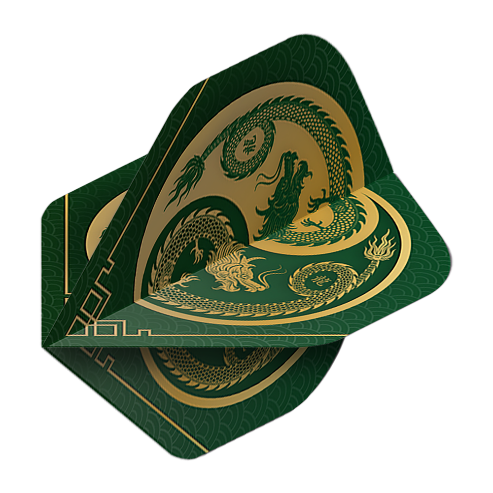 Pentathlon Flights Dragon green Das Bild zeigt die Pentathlon Dragon 3 Standard Flights. Sie sind grün mit einem goldenen Drachenmotiv verziert.