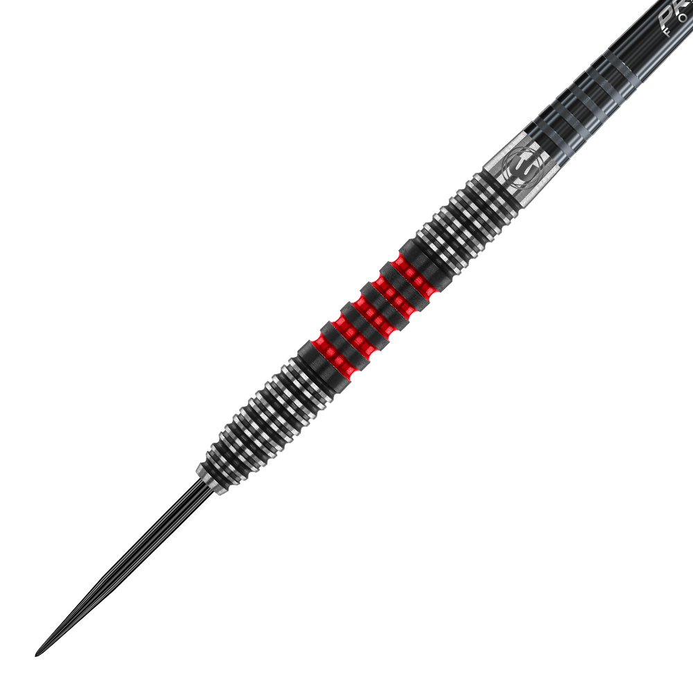 1462_Winmau_Joe_Cullen_90_Steeldarts_2 Dieses Bild zeigt einen Winmau Joe Cullen Steeldart. Der Dartpfeil hat ein schwarz-silbernes Design mit roten Akzenten.
