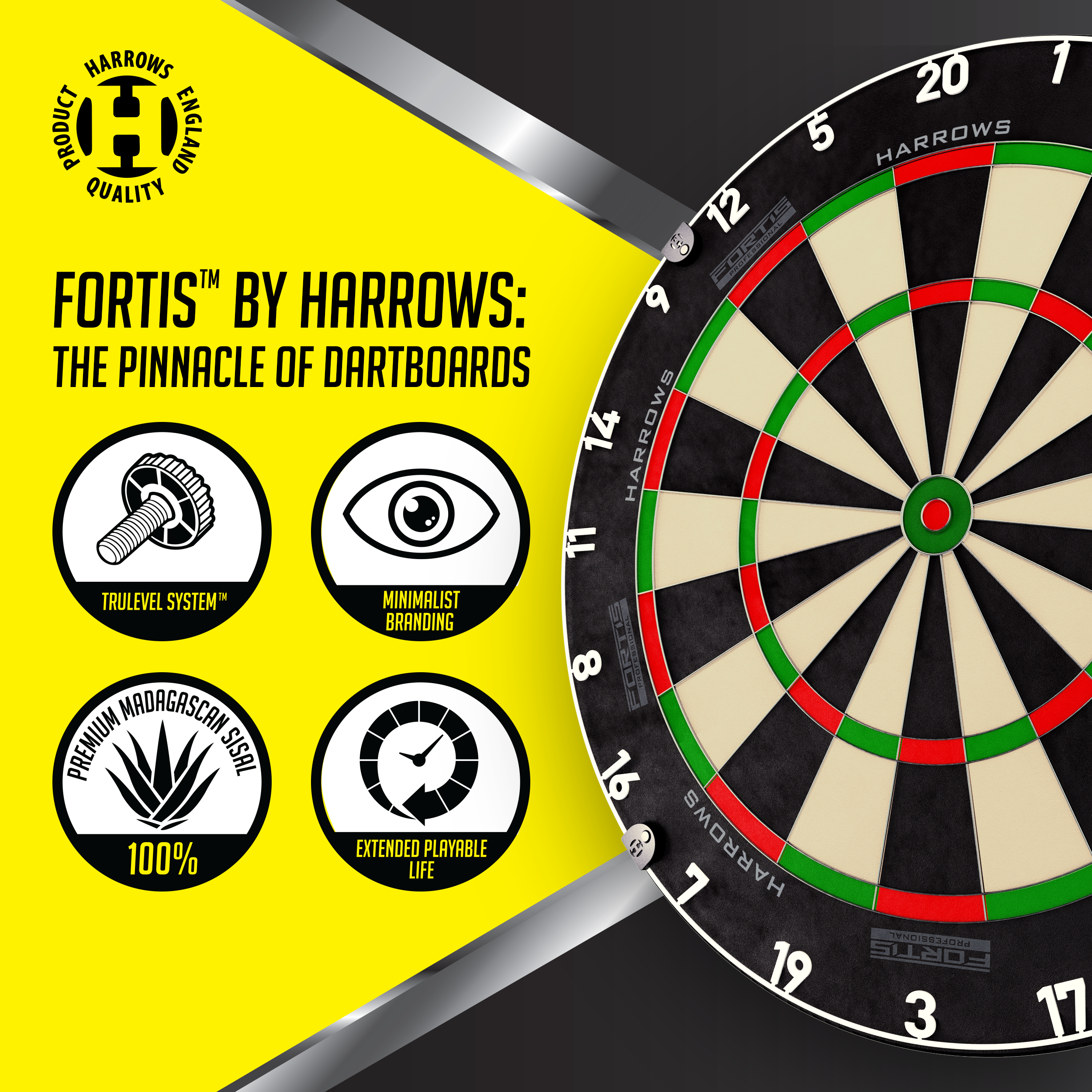 Das Foto zeigt ein Harrows Fortis Steeldartboard. Es ist für professionelle Dartspieler geeignet.