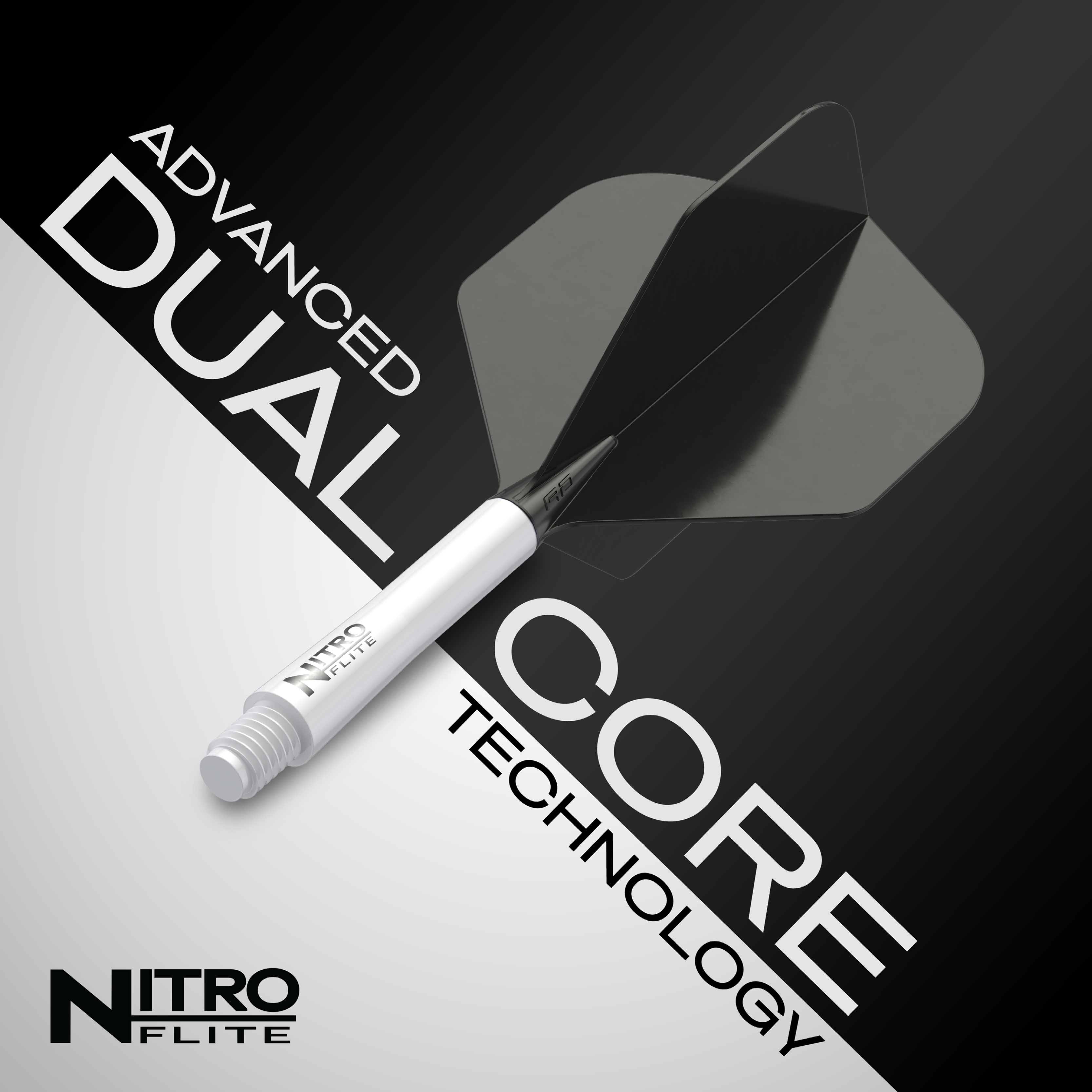 Das Bild zeigt das Produkt „Red Dragon Nitroflite – Weißer Schaft, schwarze No2 Flights“. Im Hintergrund steht in großen Buchstaben „Advanced Dual Core Technology“.