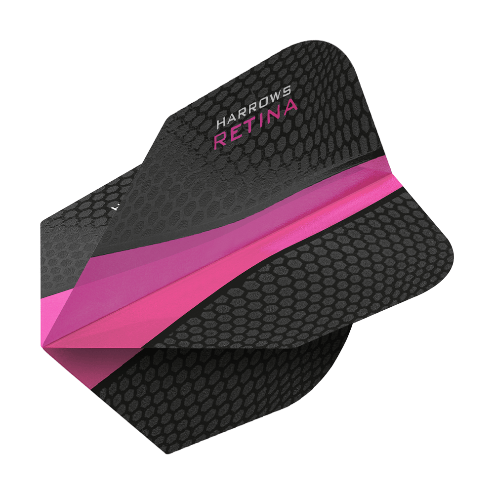 HR5511_Harrows_Retina_Pink_No2_Standard_Flights_2 Das Bild zeigt ein Dartflight mit dem Namen "Harrows Retina Pink No6 Flights". Das Flight ist überwiegend schwarz mit einem pinken Streifen und einem modernen Muster.