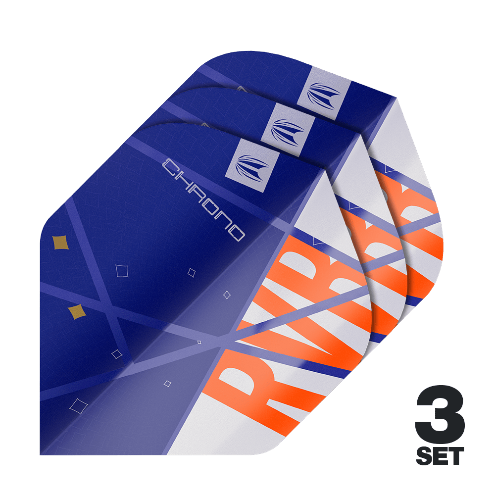 Target Pro Ultra Raymond Van Barneveld Chrono No2 Standard Flights - 3 Sets Das Bild zeigt drei Sätze der Target Pro Ultra Raymond Van Barneveld Chrono No2 Standard Flights. Die Flights sind überwiegend blau mit orangefarbenen und weißen Akzenten gestaltet.