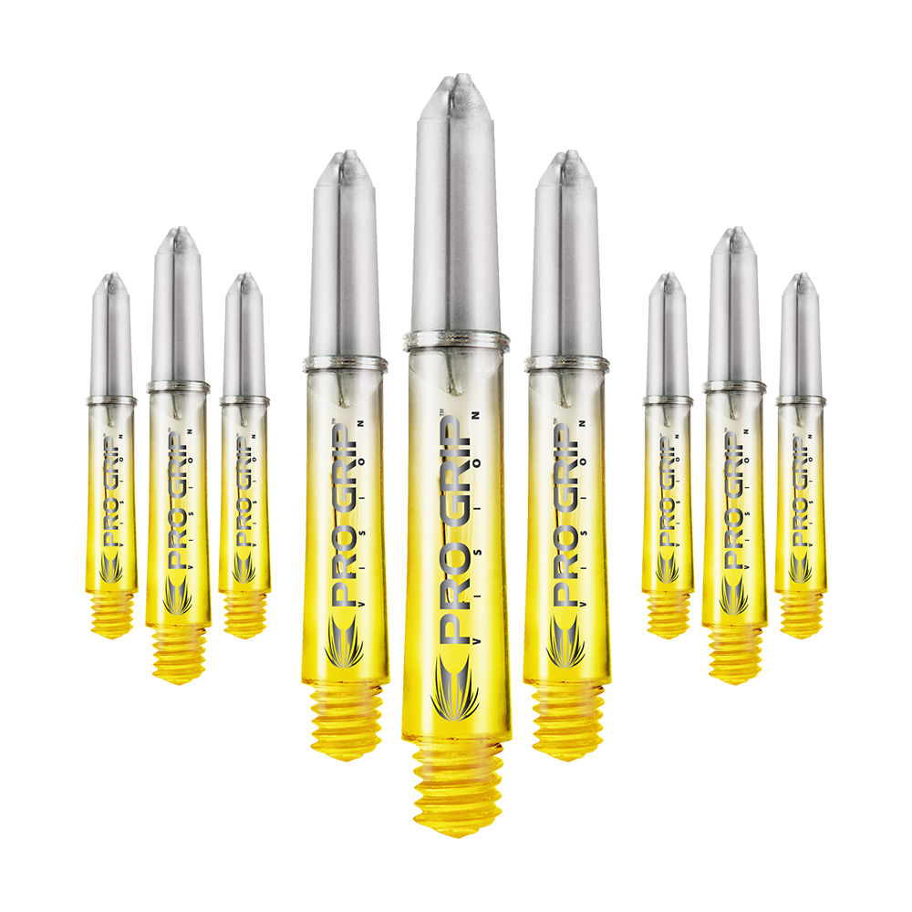 Target Pro Grip Vision Shafts - 3 Sets - Yellow Das Bild zeigt neun gelbe Dartschäfte mit silberfarbenen Spitzen, auf denen "PRO GRIP VISION" steht. Sie sind in einer leicht gebogenen Reihe angeordnet.