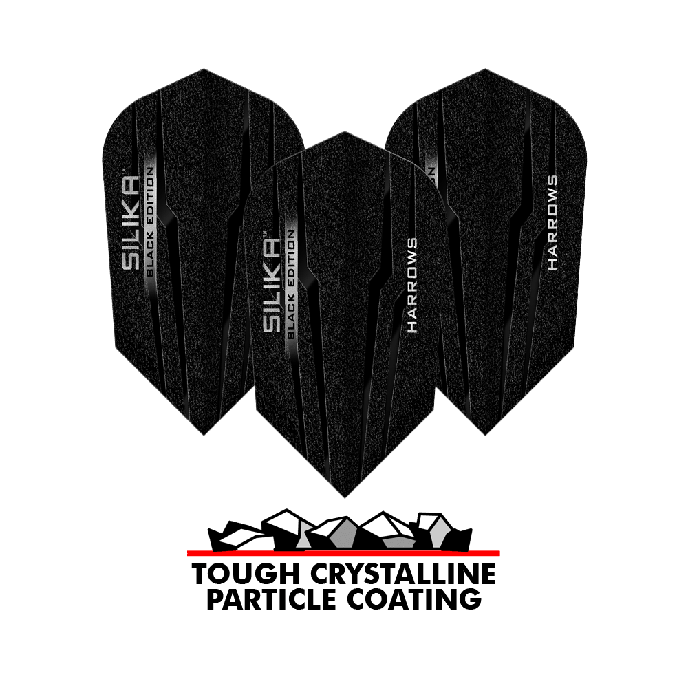 Harrows Silika Black Edition Slim Flights Auf dem Bild sind die Harrows Silika Black-Edition Slim Flights zu sehen. Unten steht der Text „TOUGH CRYSTALLINE PARTICLE COATING“ mit einer Grafik von Kristallen darüber.