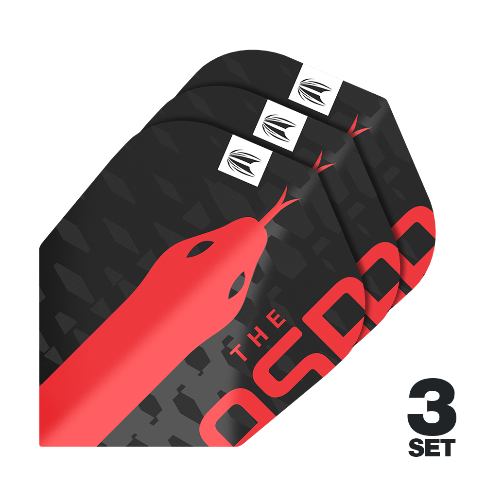 Target Pro Ultra Nathan Aspinall No6 Flights - 3 Sets Das Bild zeigt drei Sätze der Target Pro Ultra Nathan Aspinall No6 Flights für Darts. Das Design ist schwarz mit einem auffälligen roten Schlangenmuster und dem Text „THE ASP“.