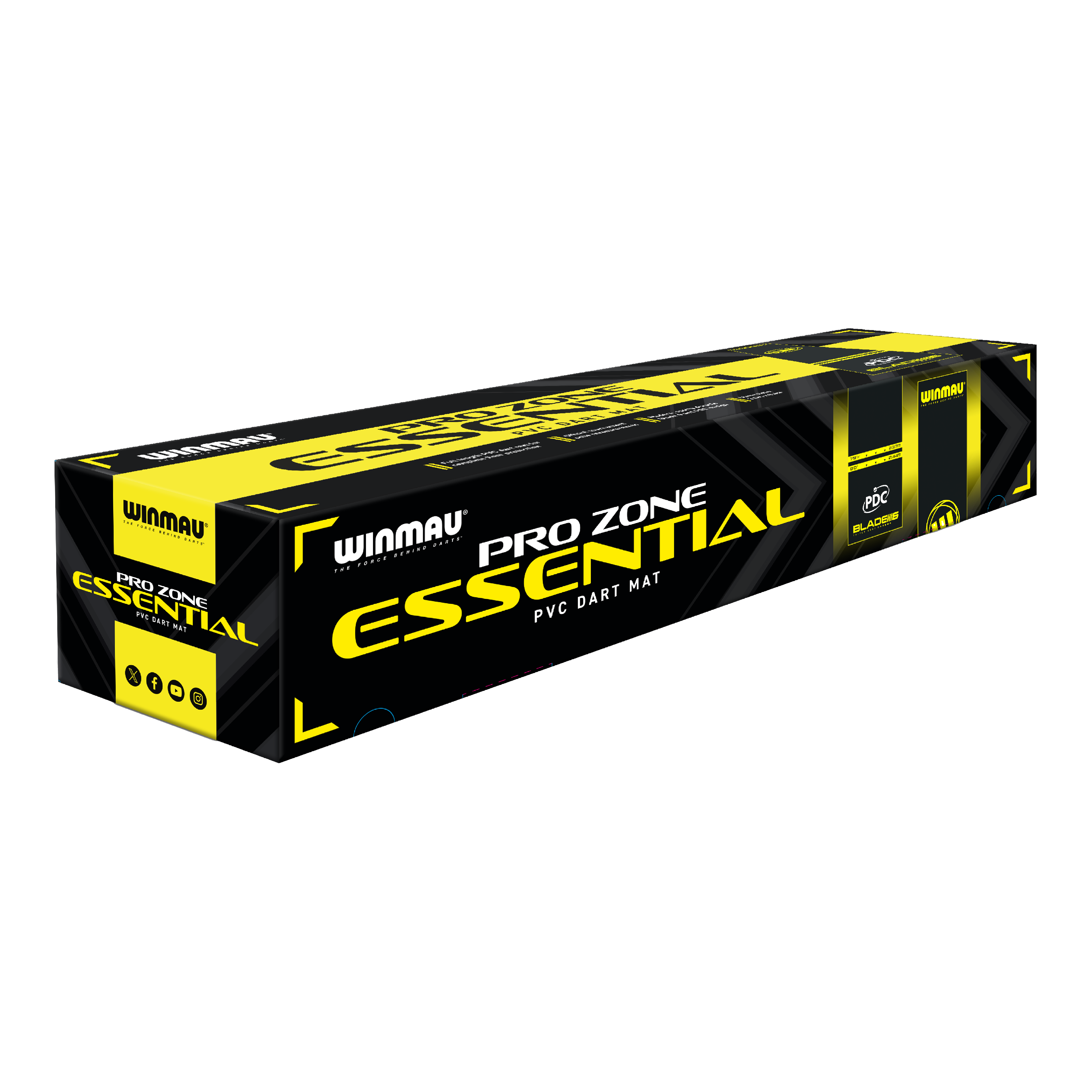 Winmau Pro-Zone Essential PVC dart mat Die Abbildung zeigt die Verpackung der 'Winmau Pro-Zone Essential PVC Dartmatte'. Die Box ist in den Farben Schwarz und Gelb gestaltet und trägt deutlich das Produktlogo.