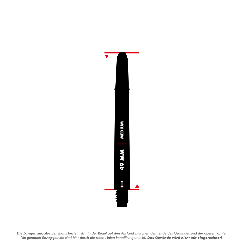Das Bild zeigt ein Produkt namens "Rockstar Shafts - 49mm". Der Schaft wird als mittellang (Medium) mit einer Länge von 49 mm dargestellt.