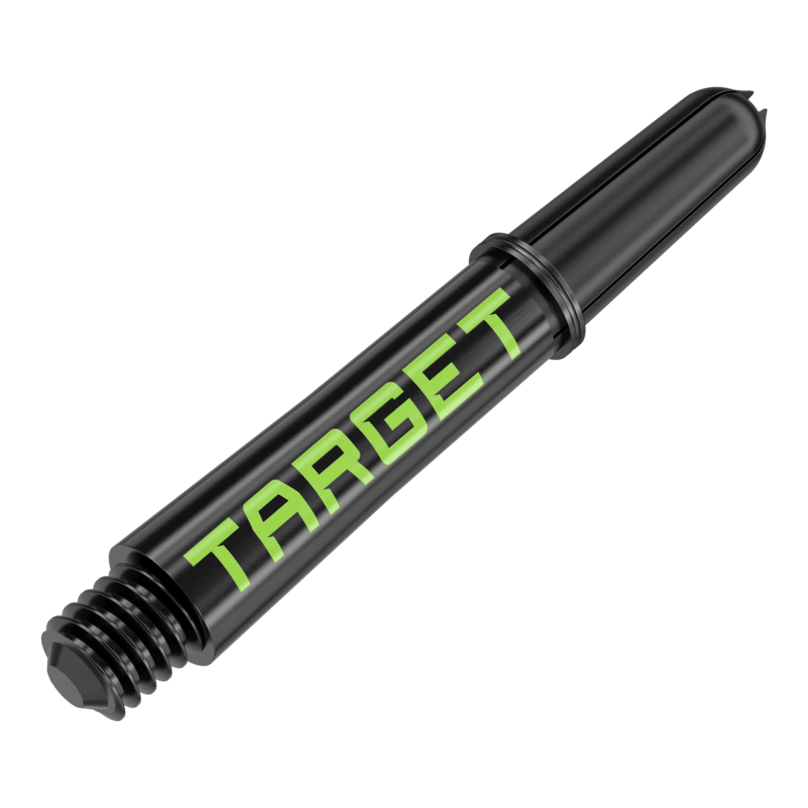 Dies ist ein schwarzer Dartschaft mit grünem "TARGET"-Schriftzug. Er hat ein Schraubgewinde an einem Ende und ist 34 mm lang.