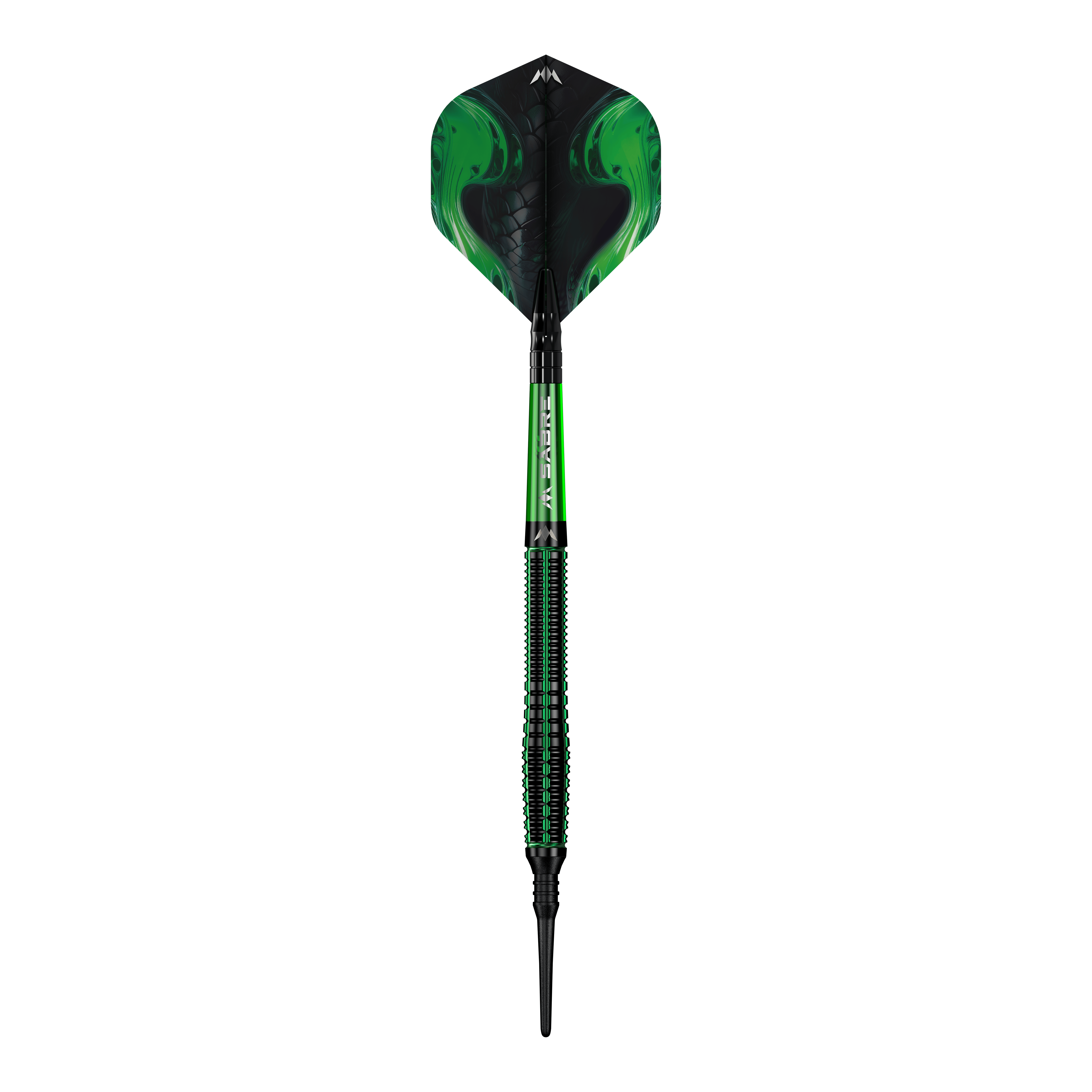 Das Bild zeigt einen Softdart namens "Mission Venom Softdarts - 20g". Der Dart ist überwiegend schwarz und grün gestaltet und hat ein auffälliges, modernes Design.