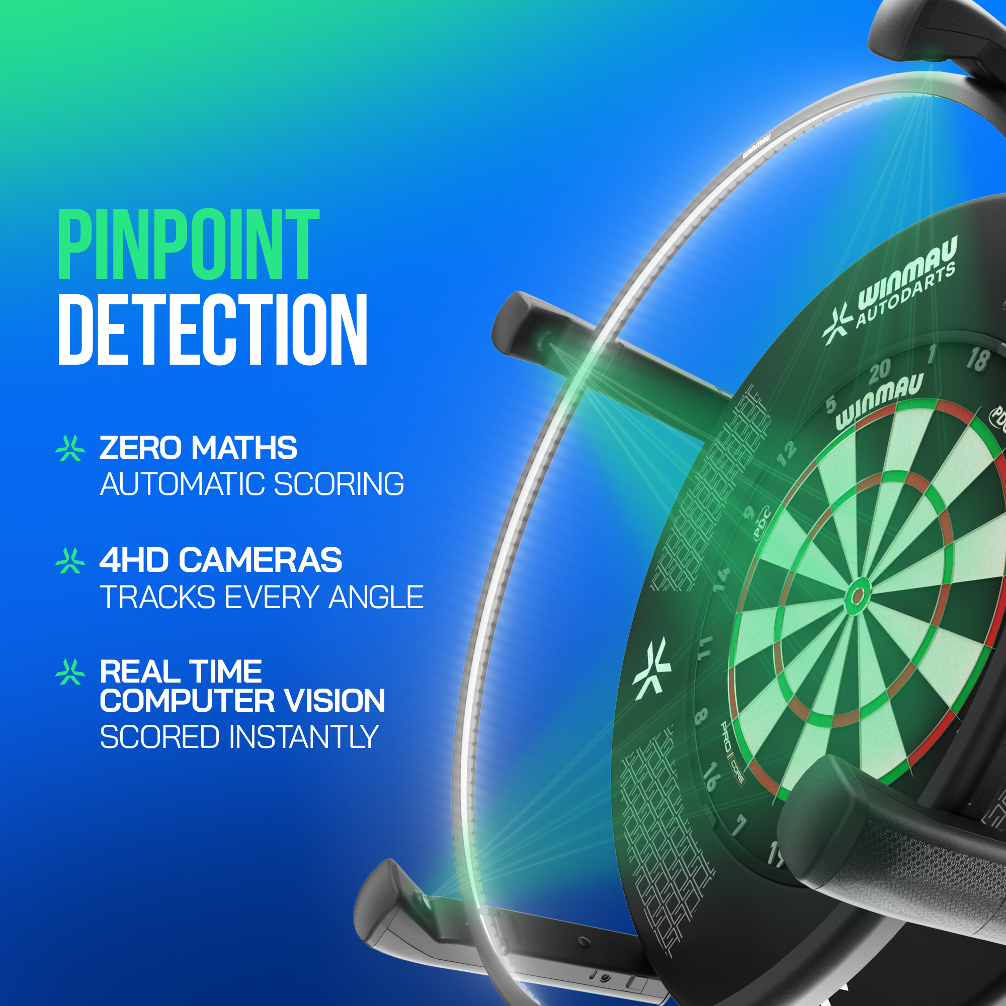 Abgebildet ist das Winmau Autodarts X Autoscoring-System. Das System nutzt innovative Technik zur automatischen Punkteermittlung im Darts.