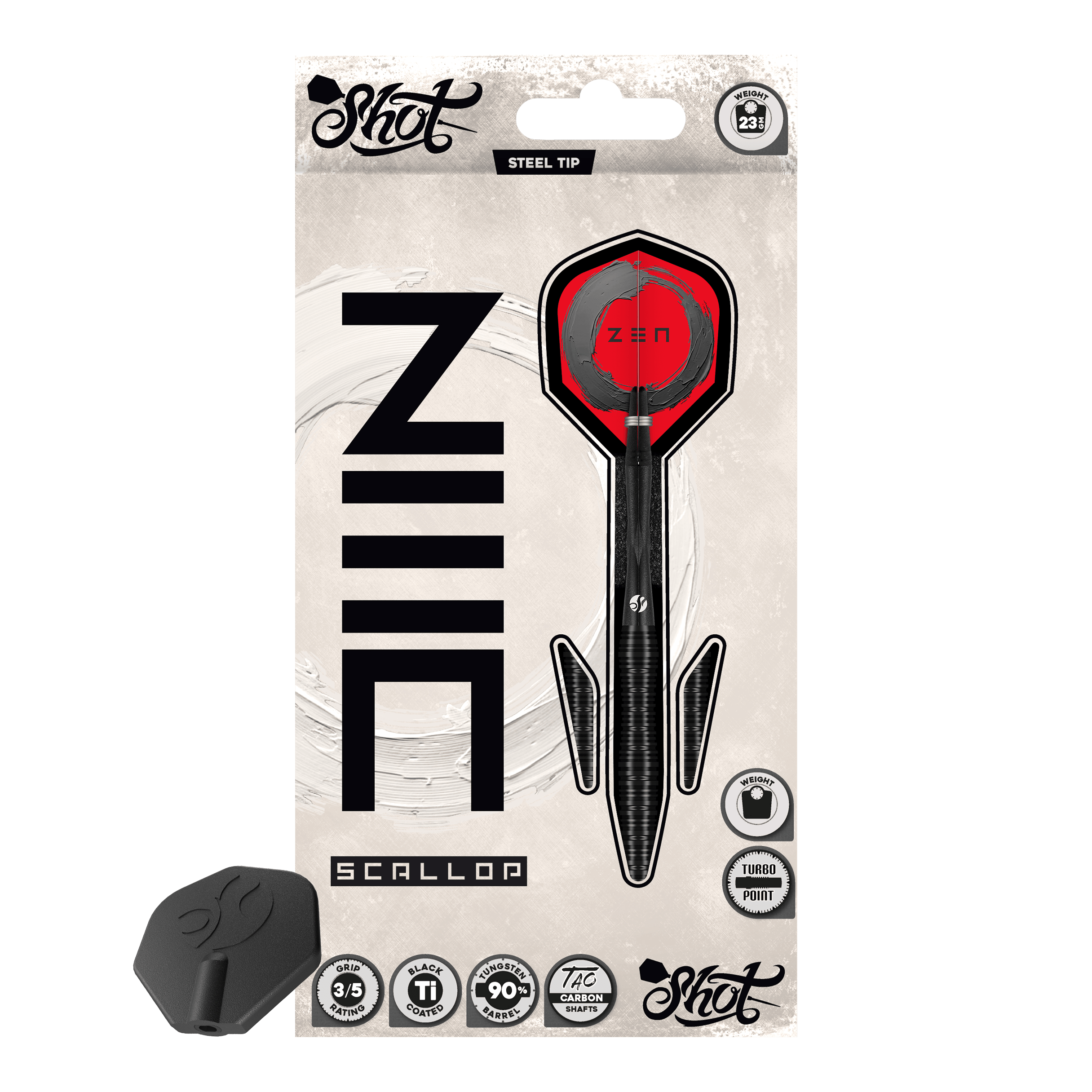 Shot ZEN Scallop Turbo Point Steeldarts - 23g Dieses Bild zeigt die Shot ZEN Scallop Turbo Point Steeldarts - 23g aus einer weiteren Ansicht. Die Darts zeichnen sich durch hochwertige Verarbeitung aus.