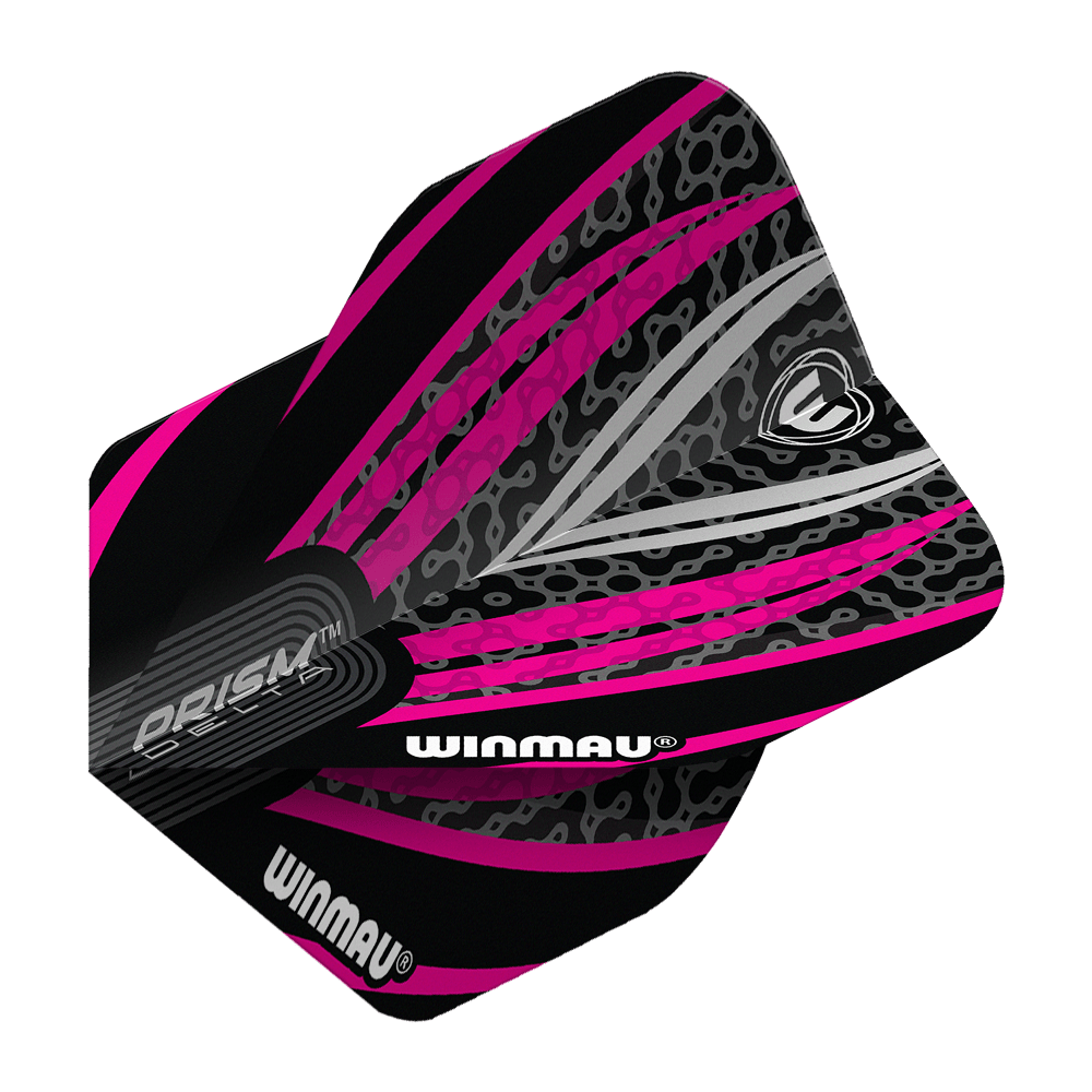 Winmau Prism Delta Black White Pink No. 2 Standard Flights Das Bild zeigt ein Winmau Prism Delta No2 Standard Dartflight in den Farben Schwarz, Weiß und Pink. Das Flight hat ein auffälliges, modernes Design mit grafischen Mustern und dem Winmau-Logo.