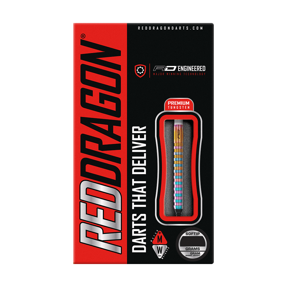 RD2517_Red_Dragon_Javelin_Spectron_Softdarts_3 Auf dem Bild ist die Verpackung der "Red Dragon Javelin Spectron Softdarts - 20g" zu sehen. Die Verpackung ist schwarz-rot und zeigt einen Dartpfeil mit farbigen Ringen im Sichtfenster.