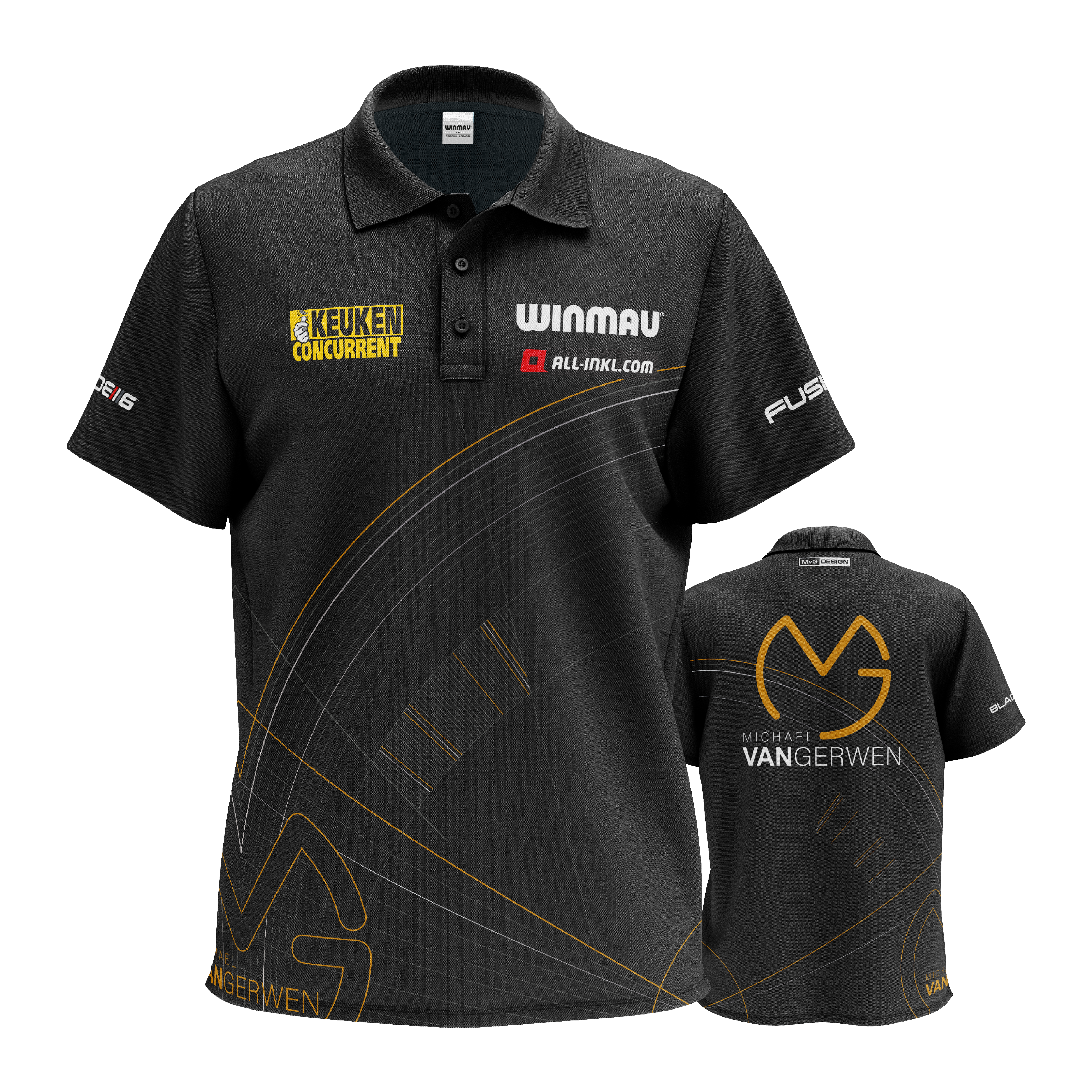 Winmau Limited Edition Tour Polo Dart Shirt Das Bild zeigt ein schwarzes Dartshirt mit verschiedenen Sponsorenlogos und dezenten goldenen Linien. Auf der Rückseite steht groß der Name "Michael van Gerwen" zusammen mit einem Logo.