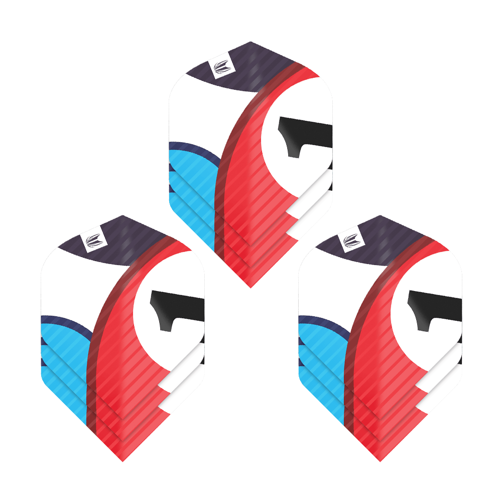 Das Bild zeigt drei Sätze Target Pro Ultra Chicane Blue No2 Standard Flights für Dartpfeile. Die Flights haben ein auffälliges Design in Blau, Rot, Schwarz und Weiß.