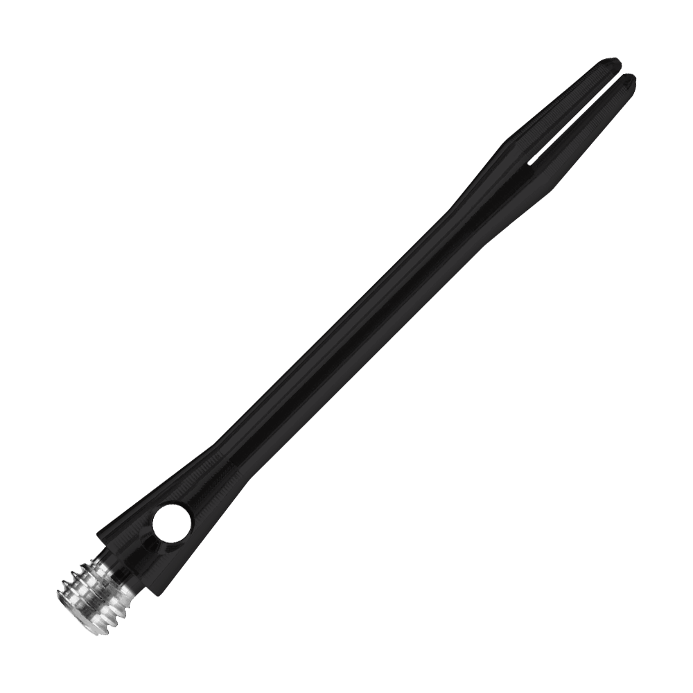 HR368_Harrows_Keramic_Shafts_Schwarz_47mm_2 Das Bild zeigt einen matt schwarzen Harrows Keramic Shafts für Darts. Der Schaft ist schlank und hat ein silbernes Gewinde am unteren Ende.