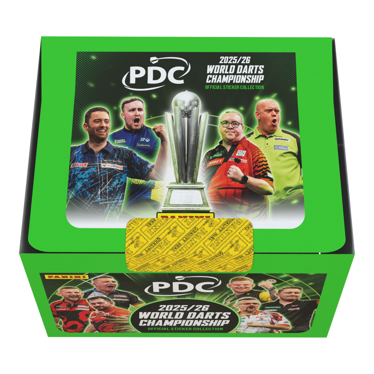Die Panini PDC World Darts Championship 2025/26 Stickerbox mit 65 Tüten ist zu sehen. Das Bild gibt einen Überblick über die Verpackung und den Inhalt der Box.