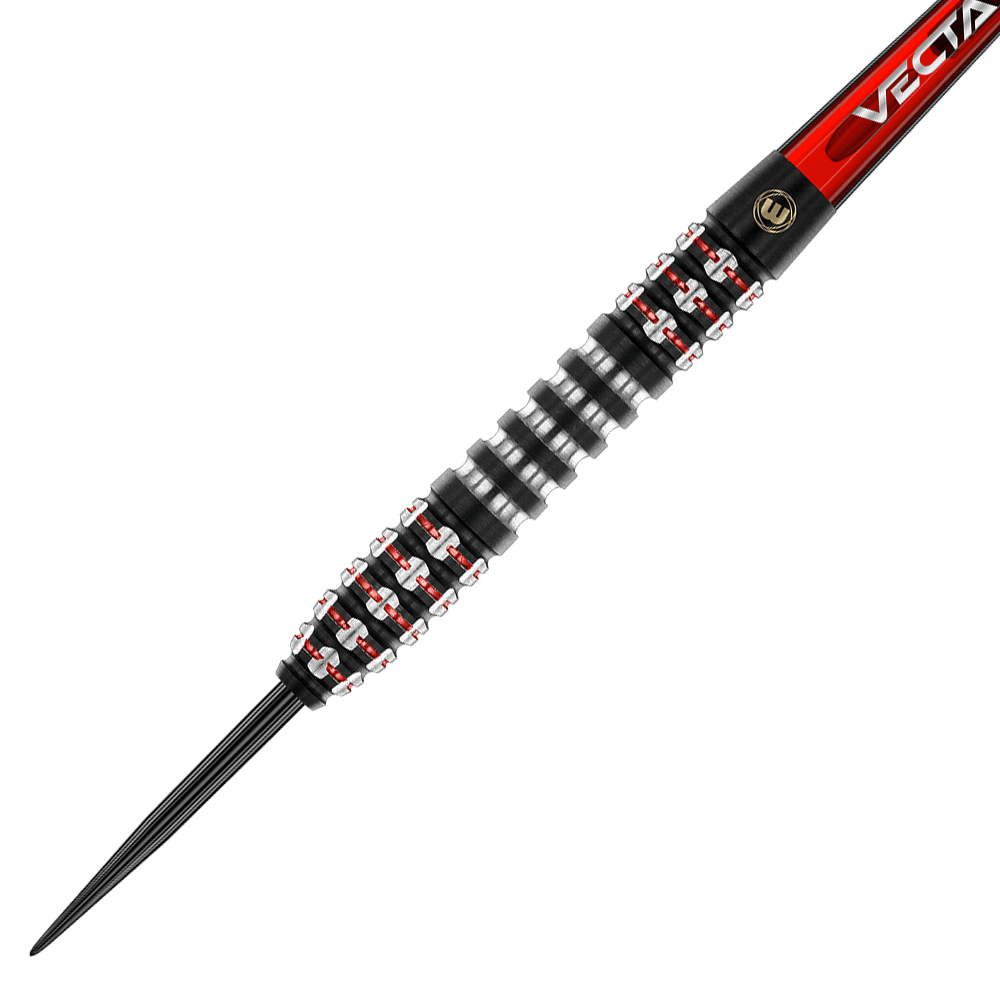 1483_Winmau_Joe_Cullen_Ignition_Series_Steeldarts_2WrUy7HU6NmAFh Das Bild zeigt einen modernen Steeldartpfeil mit einem schwarz-silbernen Griff und roten Akzenten. Der Schaft trägt die Aufschrift „VECTA“ auf rotem Hintergrund.